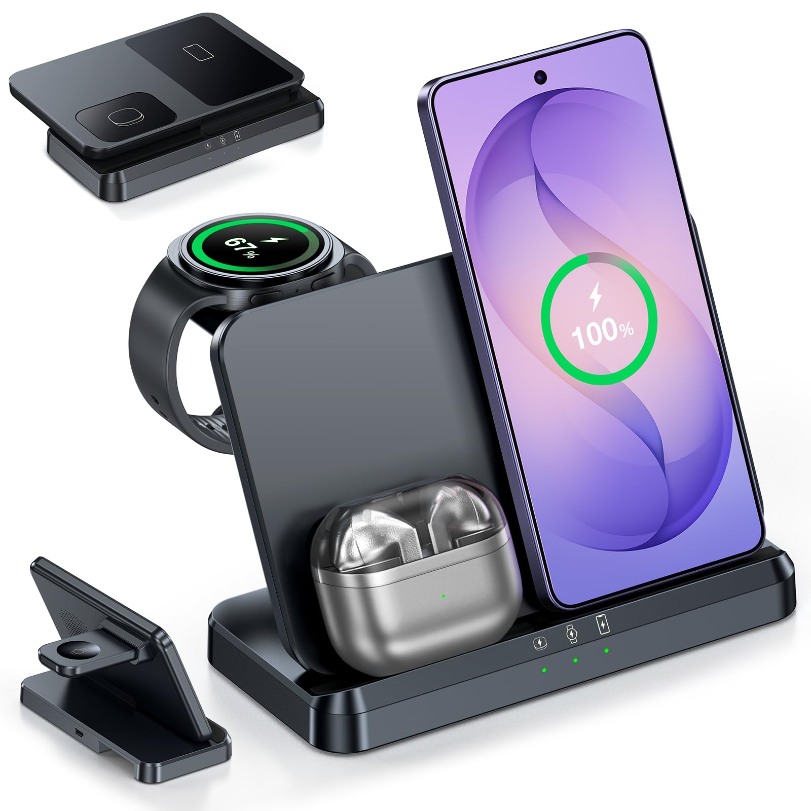 Wireless Charger for Samsung – 3 in 1 Wireless Charging Station for Galaxy S26 Ultra S25 S24, Z Fold Flip 7/6, Detachable Watch Charger for Galaxy Ultra 8/7/6, Foldable, Fast Charging, No Adapter