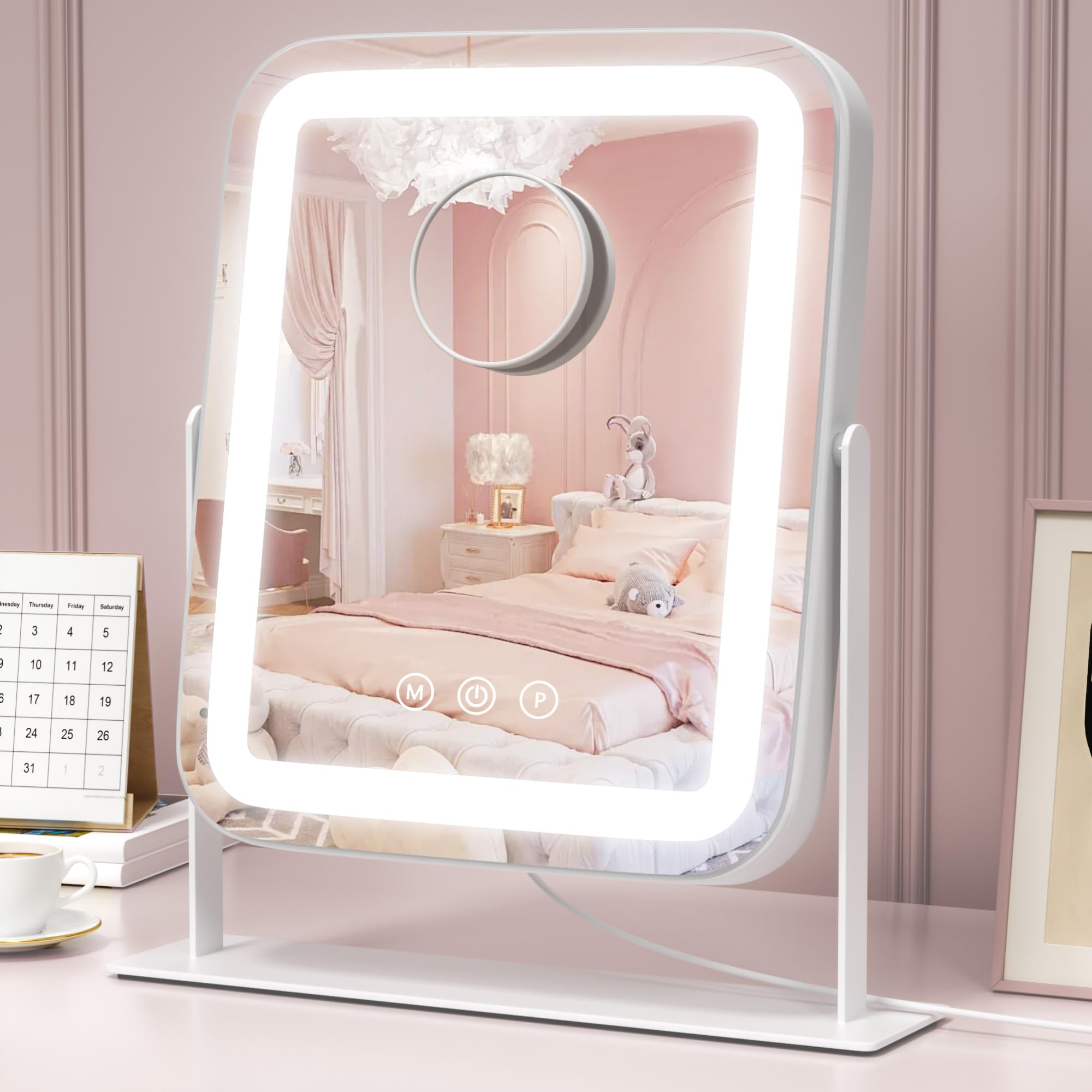 Miroir de maquillage éclairé avec 3 modes de couleur et miroir grossissant x5