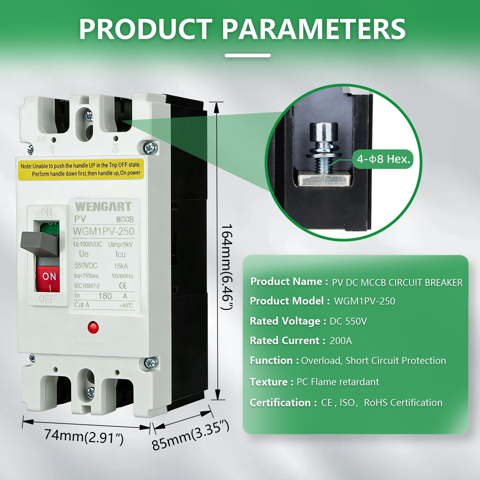 Wengart Disyuntor de Caja Moldeada MCCB 180A DC 500V 2P Interruptor Automático Magnetotérmico para Sistemas Solares