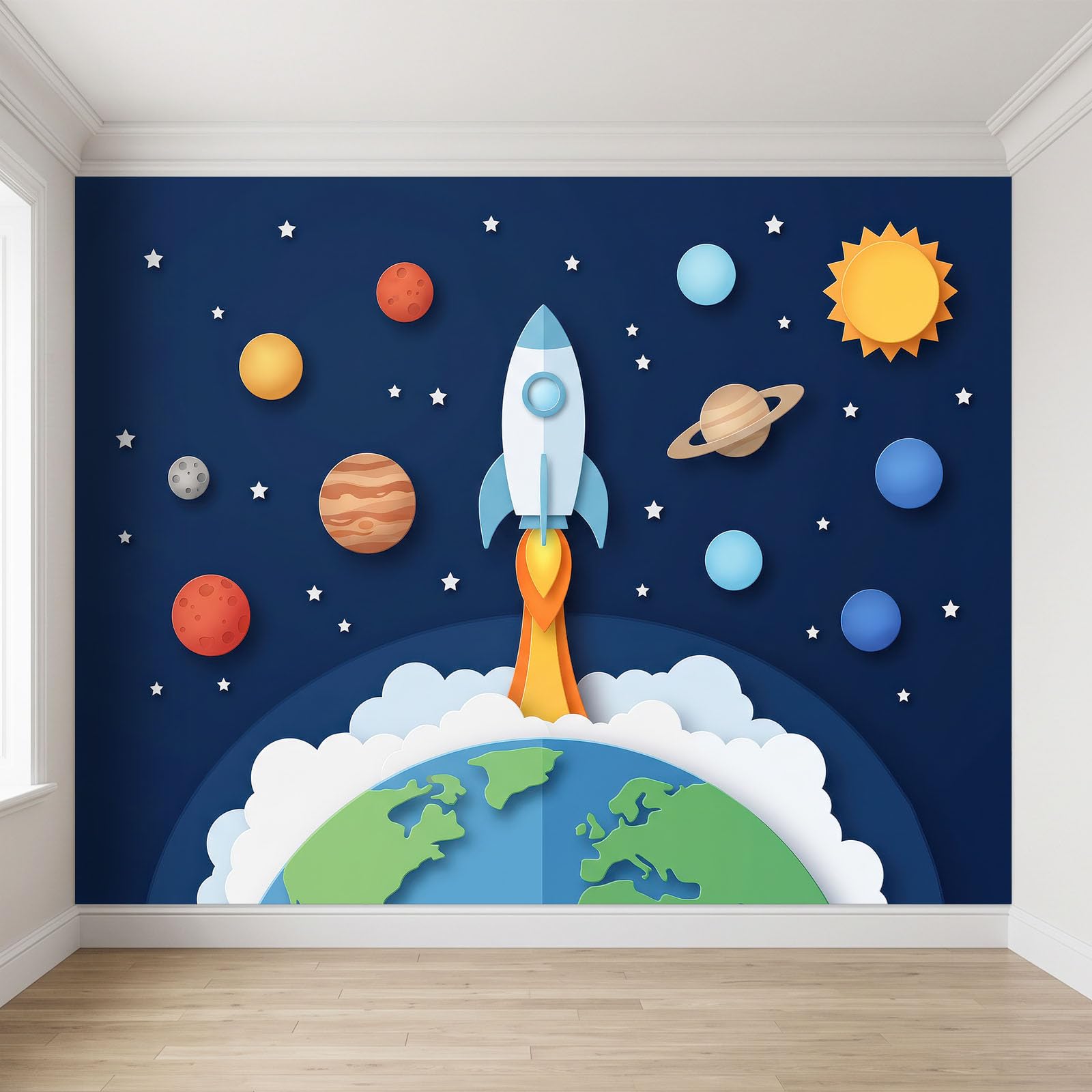250 x 175 cm, fototapeta z włókniny, na wymiar, kreskówka, kosmos, rakieta, granatowa, fotorealistyczny, druk HD, tapeta na flizelinie, tapeta z motywem, dekoracja ścienna, dekoracja ścienna, tapeta