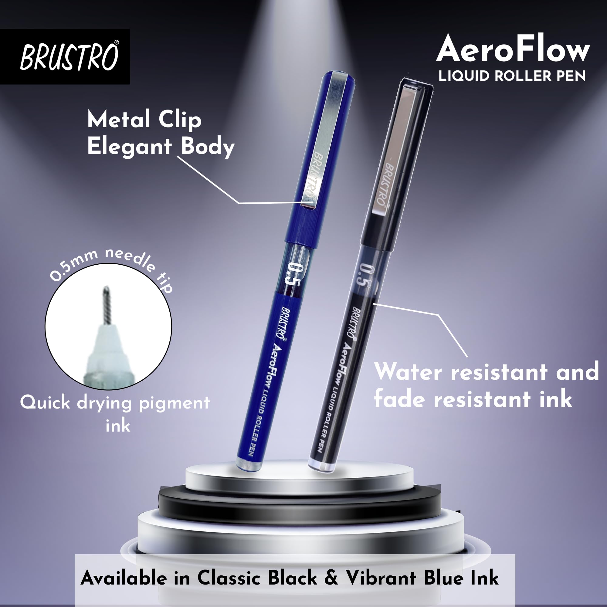 BRUSTRO AeroFlow Tintenroller mit Flüssigtinte, Blau, 0,5 mm, Mikrospitze, ideal für Studenten, Profis, Büro, Prüfung, präzises glattes Schreiben, lichtbeständig, 6 Stück