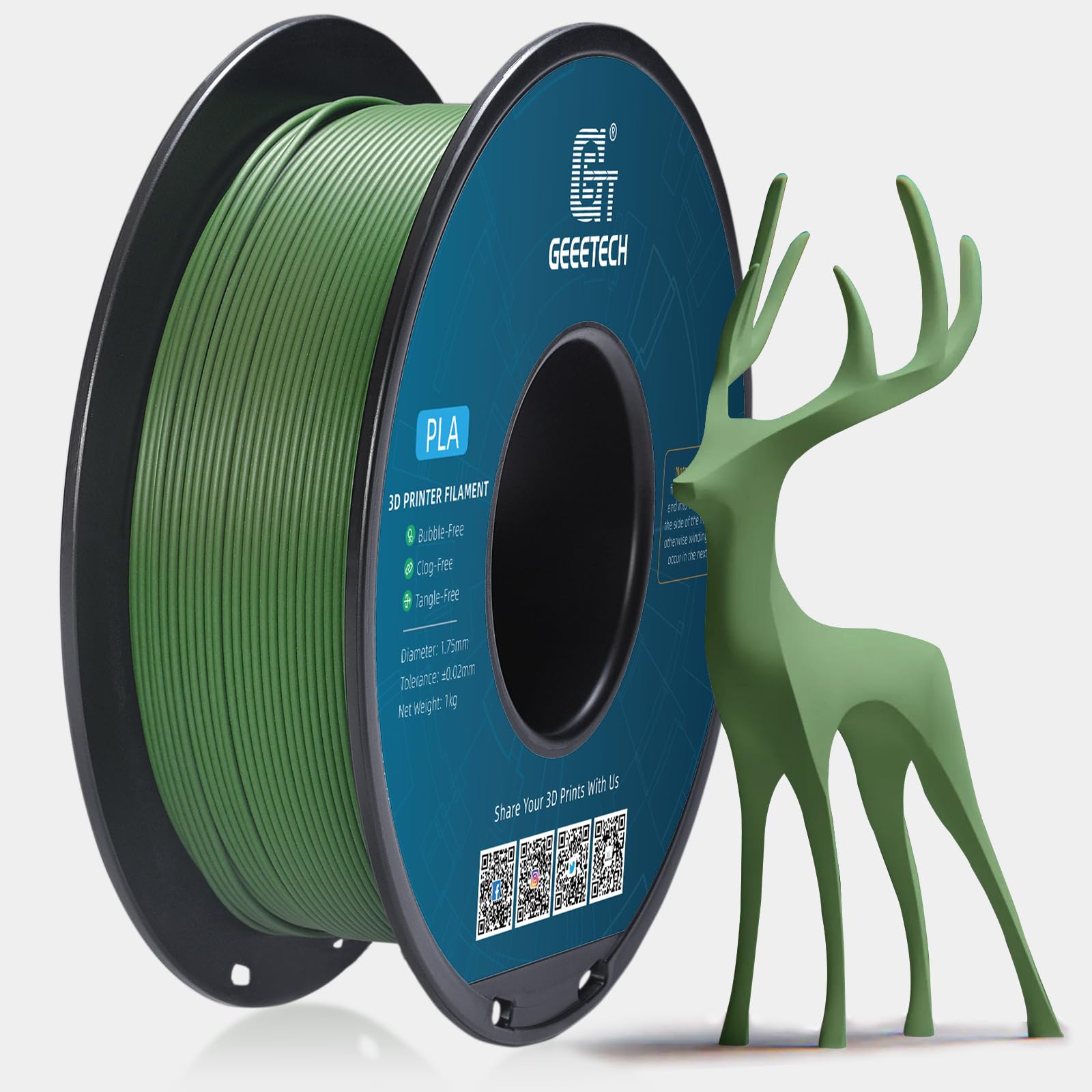 GEEETECH Matte PLA Filament 1.75mm,Olive Green PLA Matte 3D Printer Filament 1kg Spool (2.2lbs),Dimensional Accuracy +/- 0.02 mm,1.75 PLA Filament Matte 3D Printing Filament