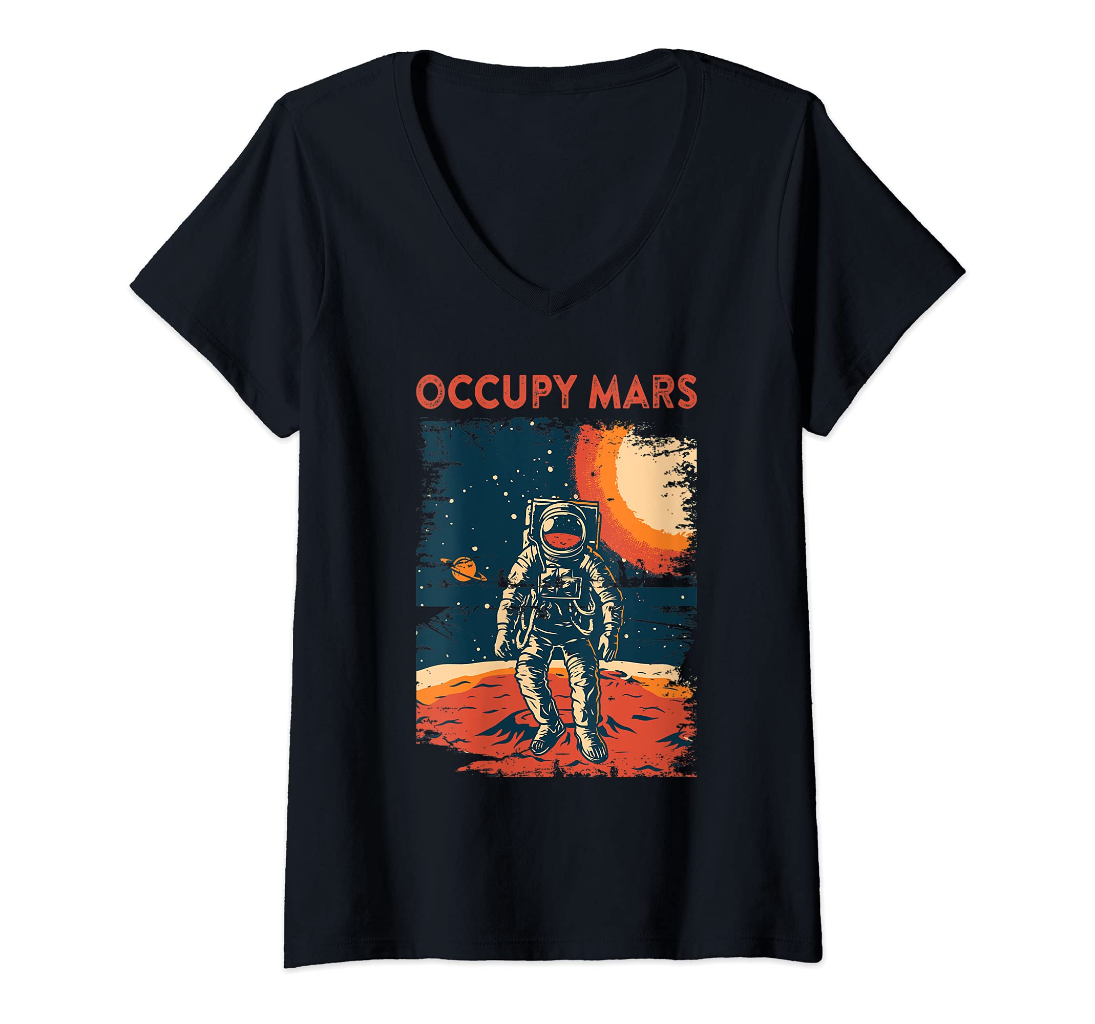 Womens Occupy Mars Red Planet Astronaut Walking on Surface of Mars V-Neck T-Shirt