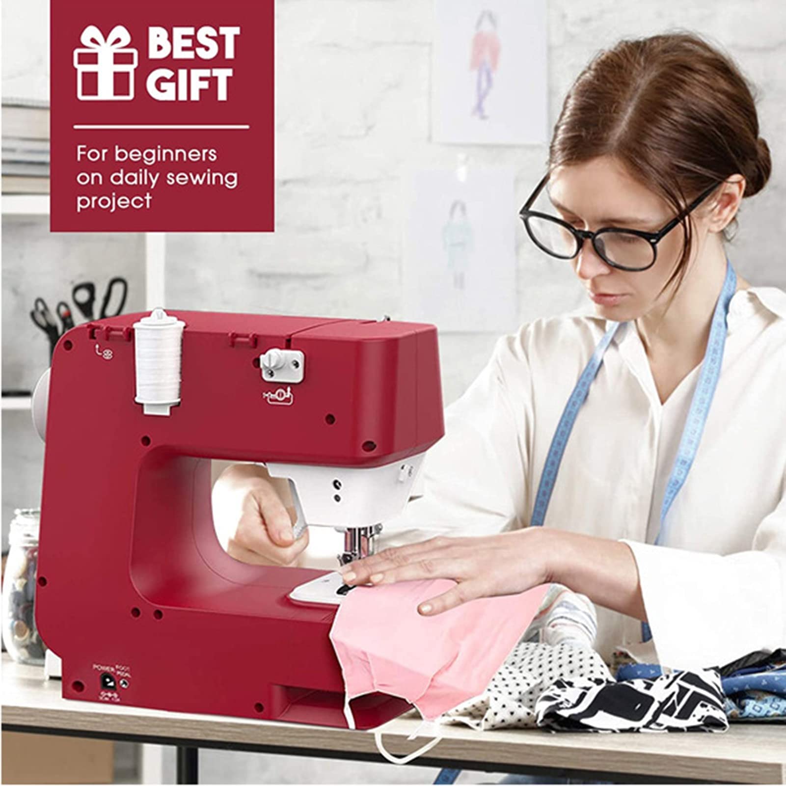 Máquina de Coser Portátil, Máquina de Coser Eléctrica con 12 Puntadas Incorporadas, Ojal de 4 Pasos, Puntada Reversa y Luz LED, Máquina de Coser Compacta para el Hogar para Reparación de Ropa y Manual