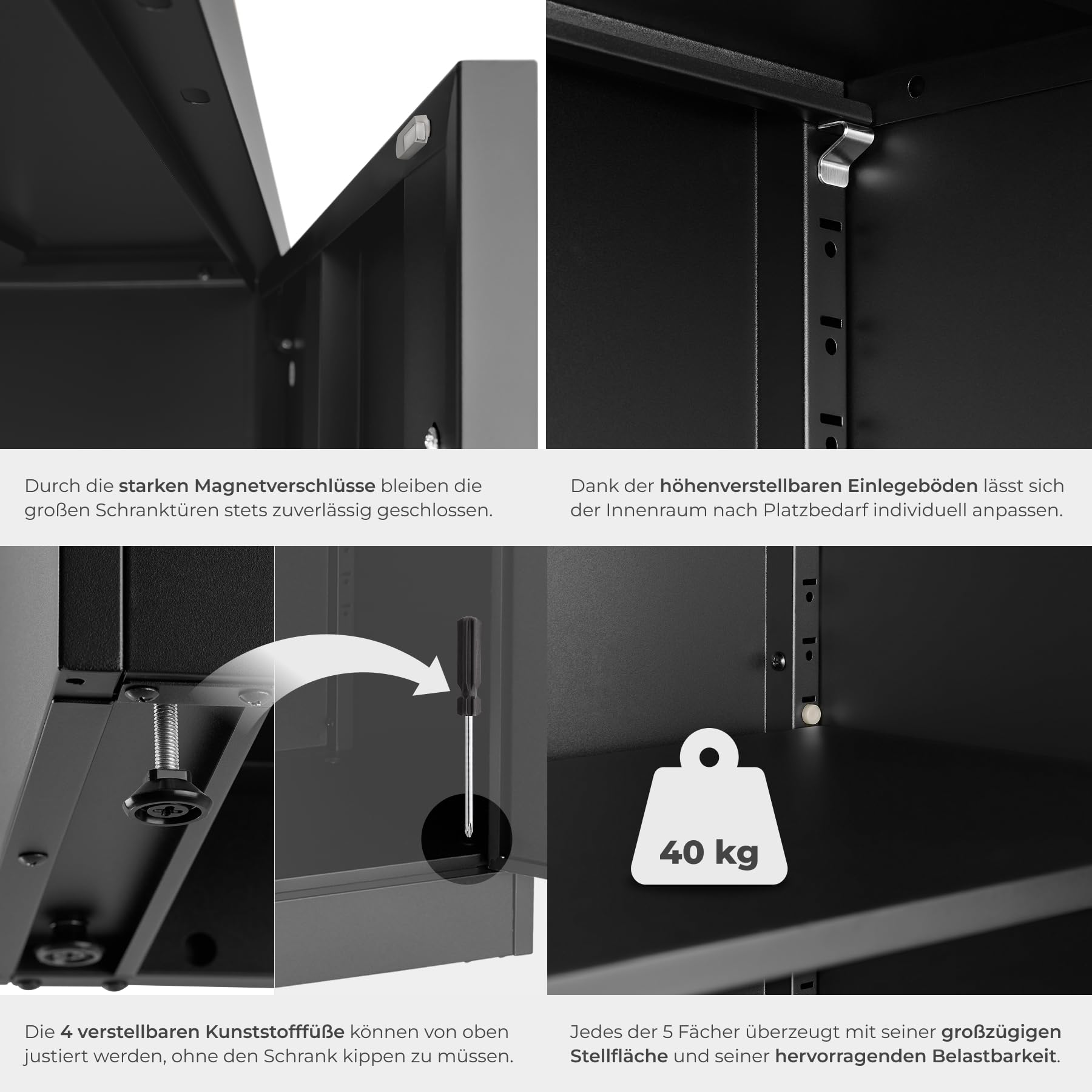 TecTake® Aktenschrank, 60 x 40 x 180,5 cm, mit Magnetverschluss und 4 verstellbare Böden, abschließbar,mit Kippschutz, höhenverstellbare Füße, pulverbeschichtet, inkl. Handschuhe für Aufbau - schwarz