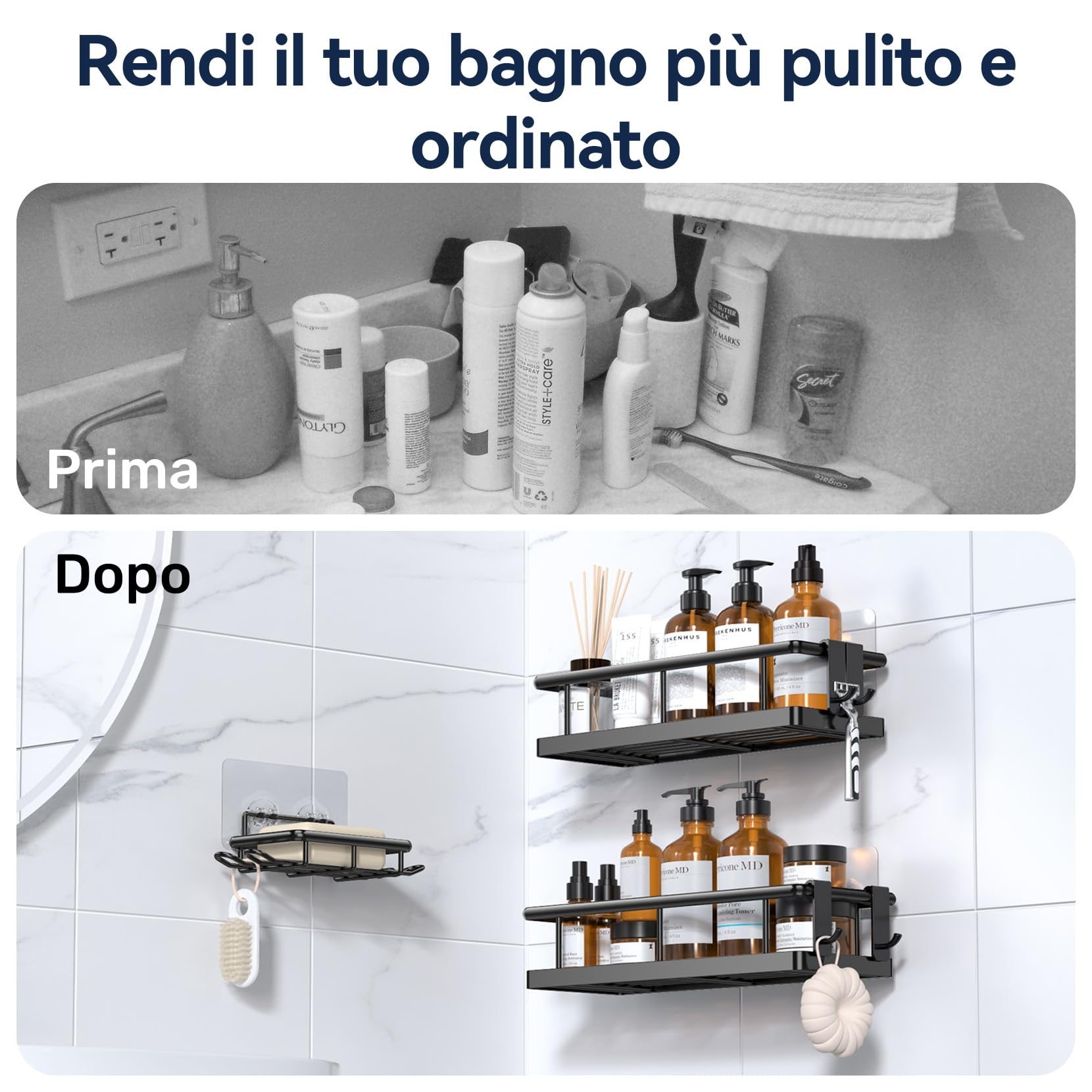YASONIC 3 Pezzi Mensola doccia senza foratura, portaoggetti doccia con 4 ganci removibili, Organizer bagno con Portasapone doccia, Autoadesivo Mensole Bagno Organizzatore, Nero