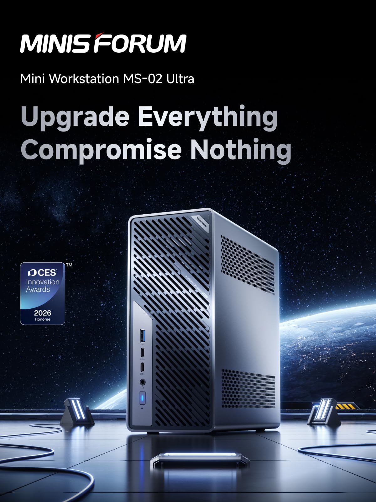 MINISFORUM MS-02 Ultra Workstation Mini PC, Intel Core Ultra 9 285HX (24C/24T, up to 5.5GHz), PCIe 5.0 x16, 4× DDR5 Slots, 4× M.2 Slots, USB4 v2 80Gbps, Dual 25GbE+10GbE+2.5GbE, Wi-Fi 7, 350W PSU — view 2