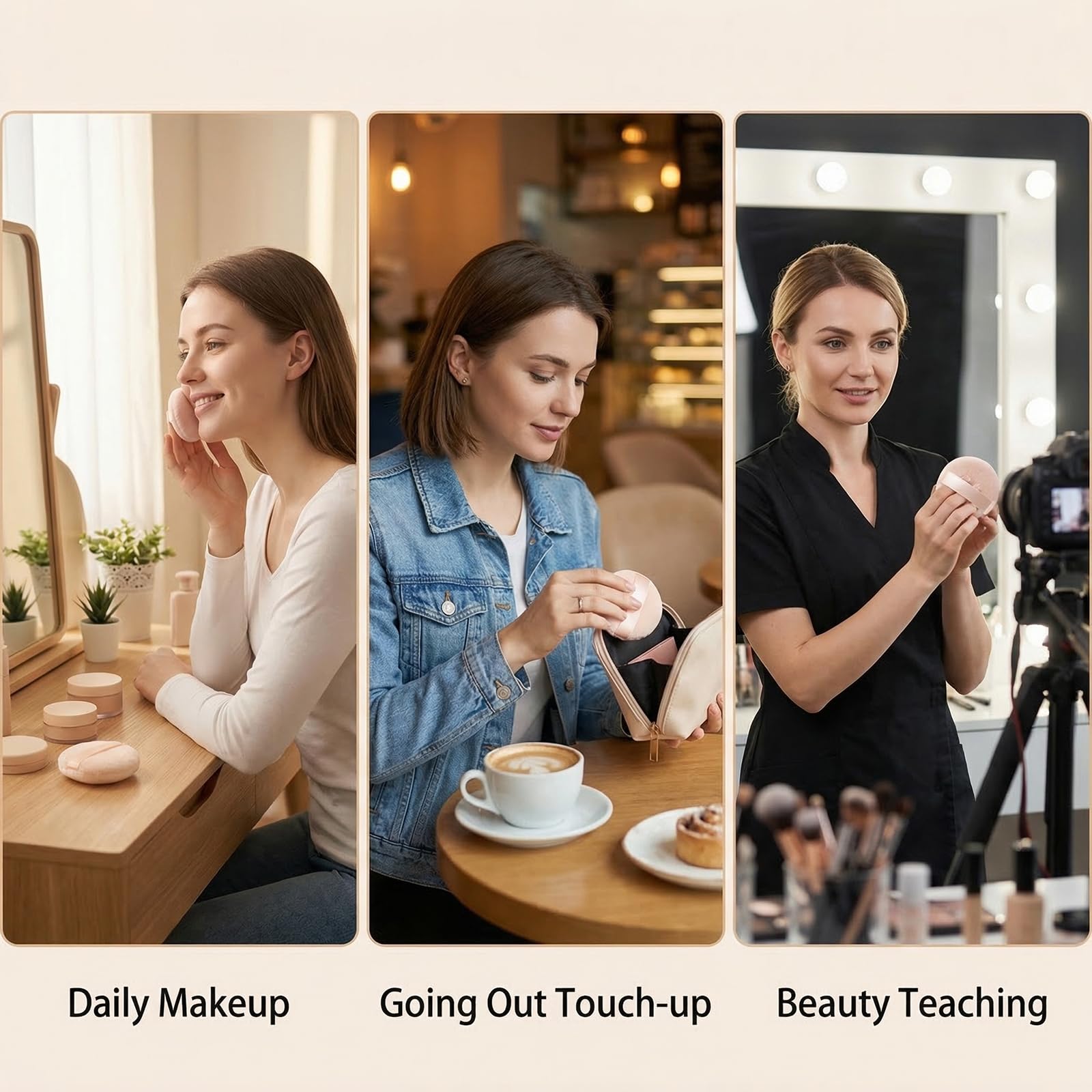Runde Velour-Puderquasten mit Band, 8 cm, weicher Schwamm, Gesicht, Make-up, Kosmetik, loser Puderquaste, Foundation, Beauty-Werkzeug, 3 Stück (Beige)