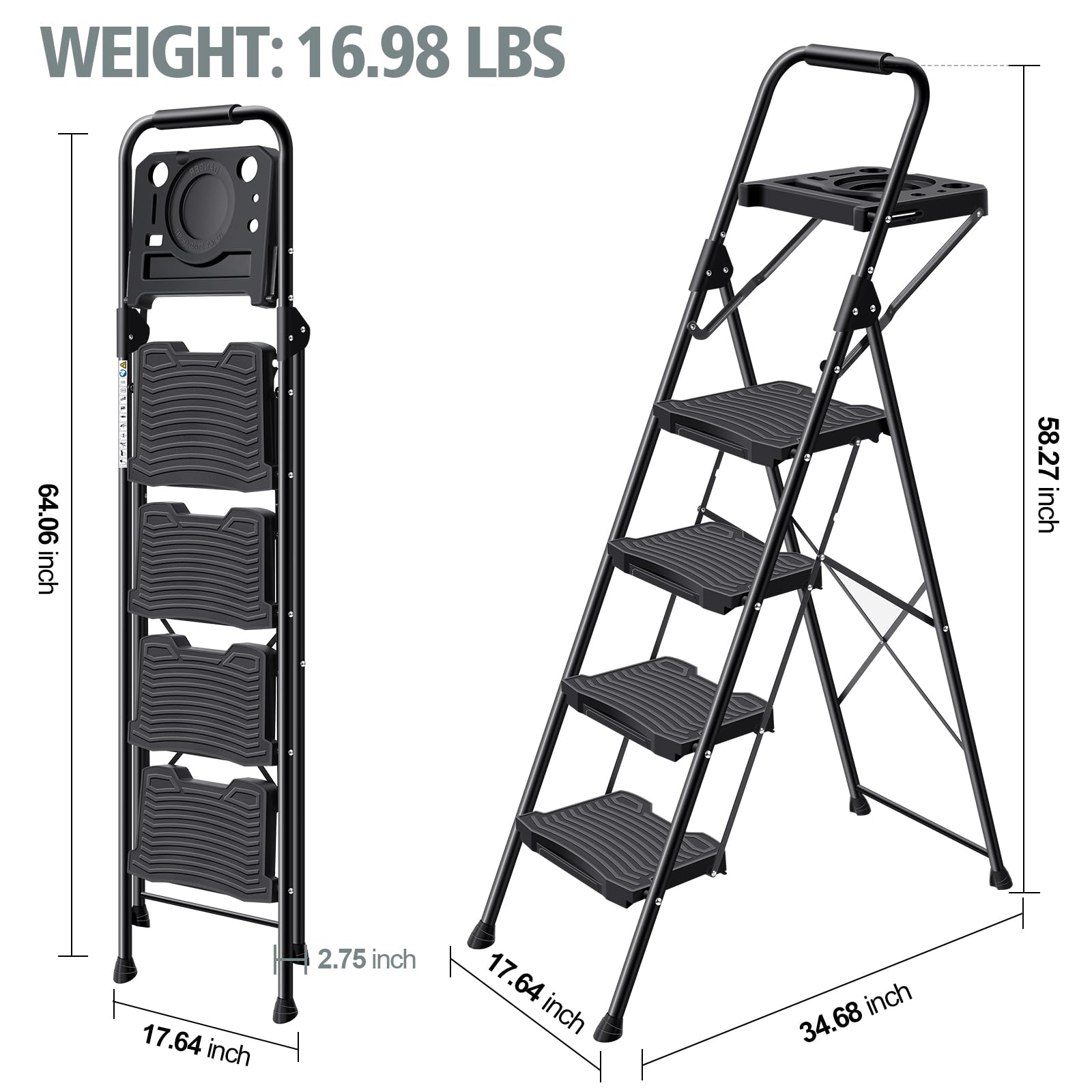 KINGRACK 4 Step Ladder with Tool Platform, Sturdy Step Stool, Anti-Slip Wide Pedals, Handrail, Foldable Step Ladder, Pass 900LBS Testing, Multi-Use for Home, Garage, Garden, Painting, Black