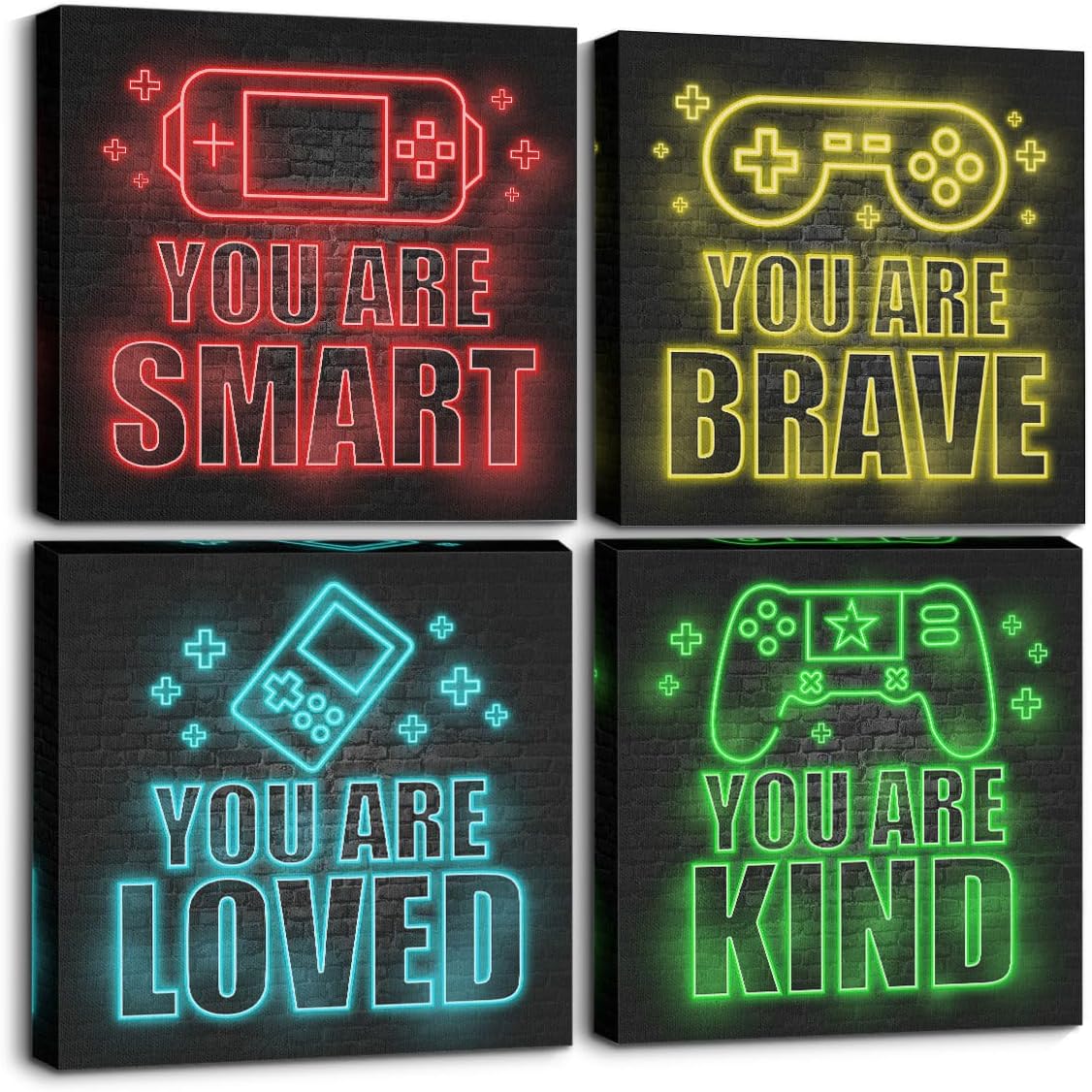 4 PCs Neon Gaming Wall Decor Canvas Wall Art Framed Art Game Room Decor Boys Room Decor Gaming Posters, Gamer Room Decor for Boys, Artwork for Walls Video Game Room Playroom Boys Bedroom Home Decor