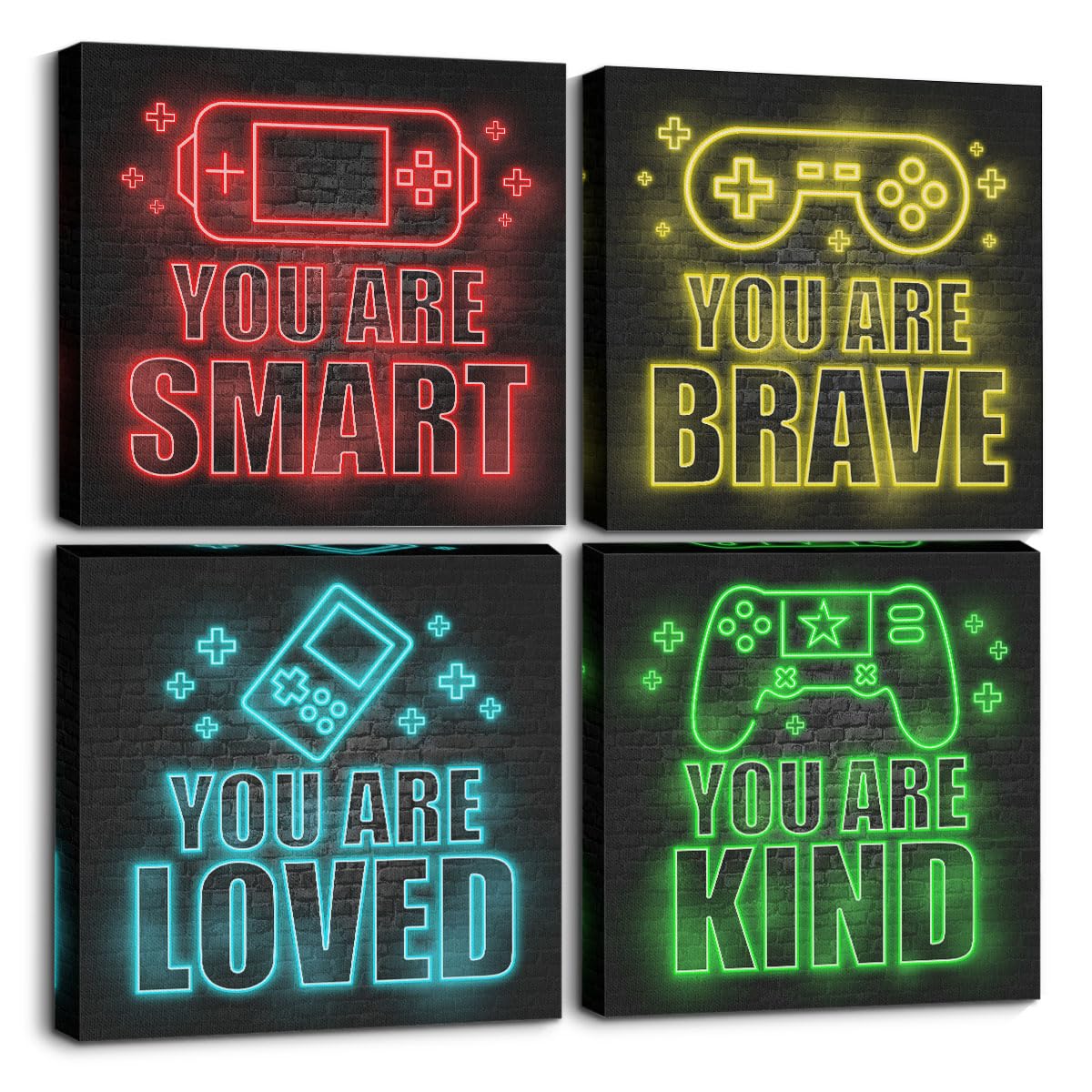 4 PCs Neon Gaming Wall Decor Canvas Wall Art Framed Art Game Room Decor Boys Room Decor Gaming Posters, Gamer Room Decor for Boys, Artwork for Walls Video Game Room Playroom Boys Bedroom Home Decor