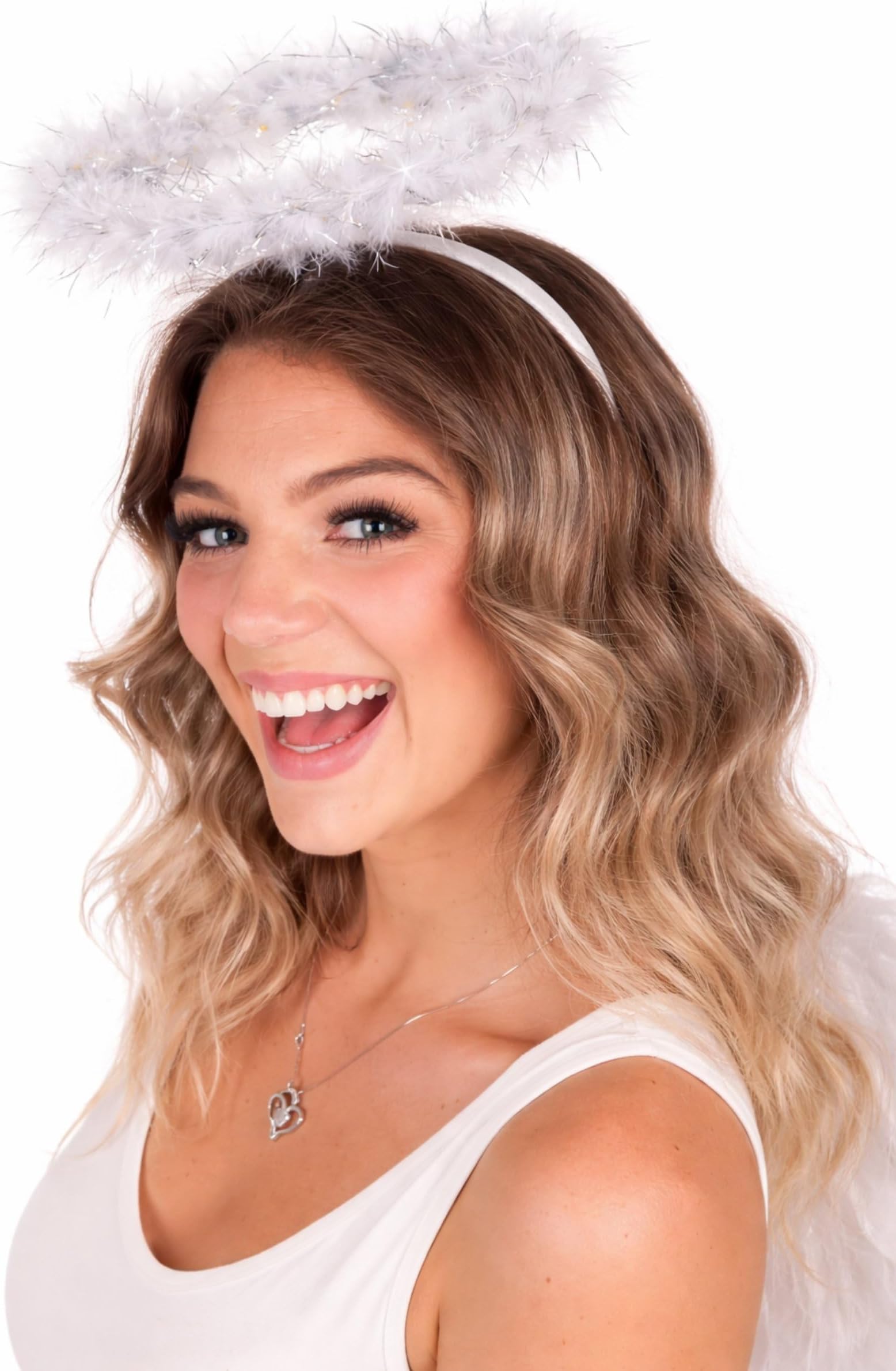 Angel Halo Headband for Women – Light Up Feather Headband Halo Prop with 6 White LED Lights, Fluffy White Angel Costume Accessory for Cosplay, Photo Shoot, New Year Eve & Easter Event