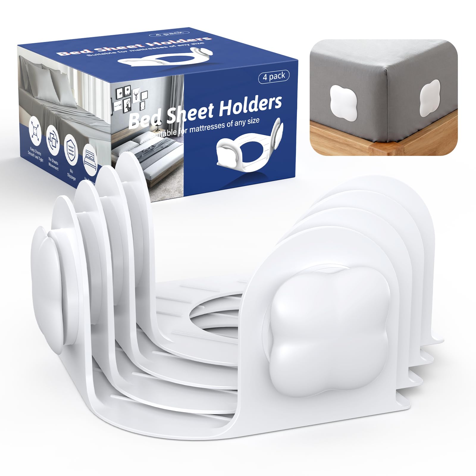 Photo 1 of KOXUIUF Sheet Holders Lock Bed Sheet Grippers - Fitted Sheet Holder for Corners Keep Sheets Firm & Tight Fit All Sheet Sizes,360 Degree Bed Sheet Tightener Easy Installation