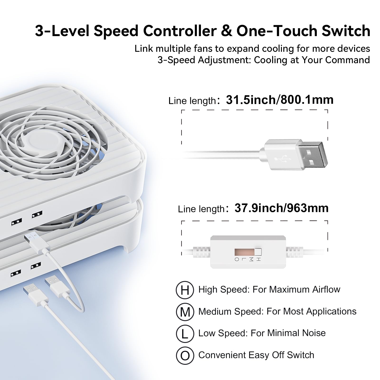 X4-V2 - Ventilador de refrigeración USB silencioso, ventilador USB dual de alta velocidad de 140 mm con controlador de 3 velocidades, diseño de refrigeración apilable para router, laptop, mini