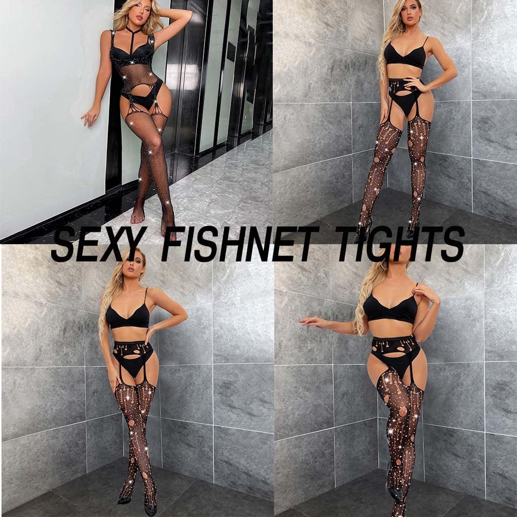 CanB Rhinestone Fishnet Stockings High Waist Tights Sexy Fishnets Thigh Suspender Pantyhose Stockings for Women and Girls - Image 6