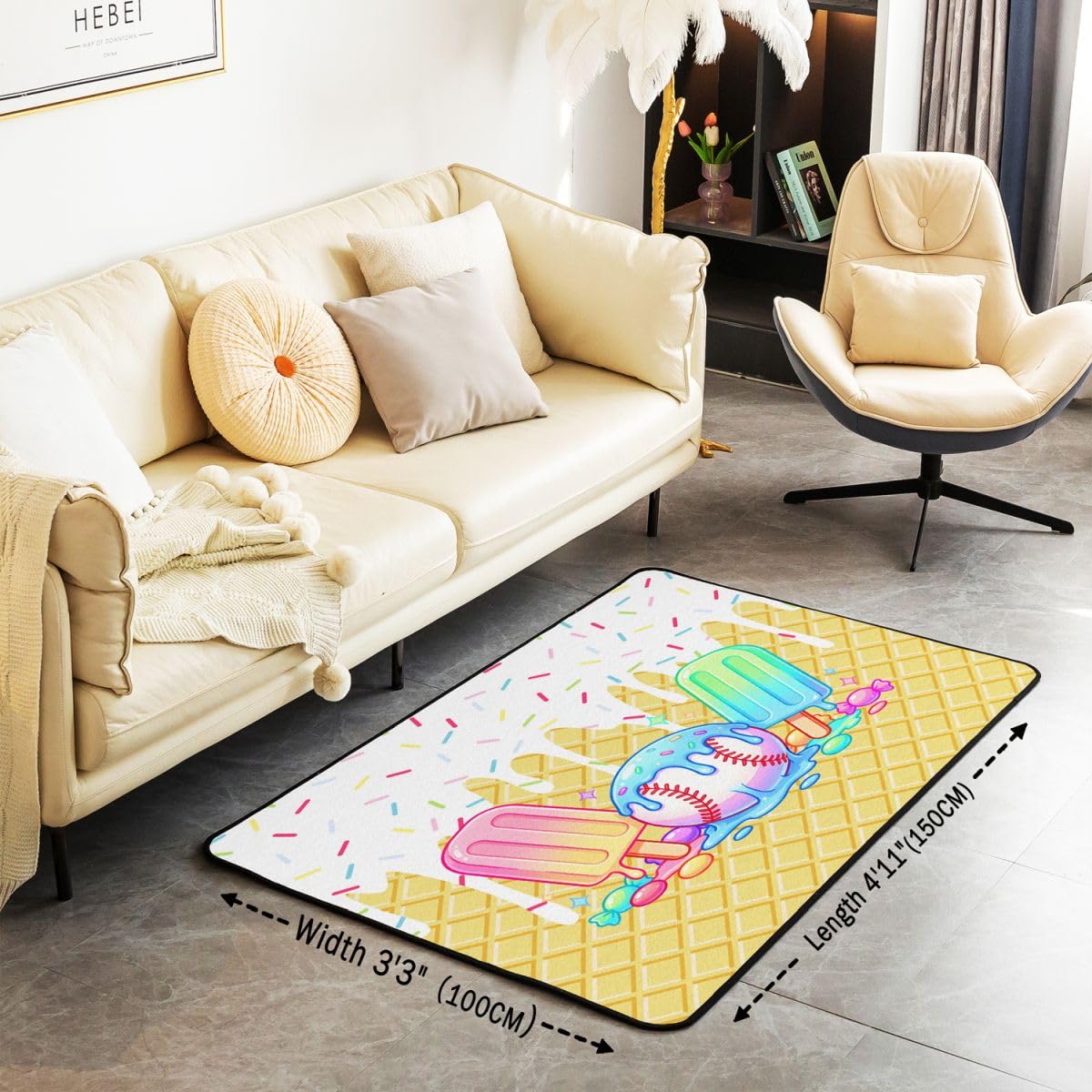 Homewish Dywaniki do lodów 100 x 150 cm do sypialni salonu - baseball Sprots nowoczesny dywan podłogowy biały żółty lody duże dywany nowoczesne modne gry w piłkę nie gubi włosia dywan
