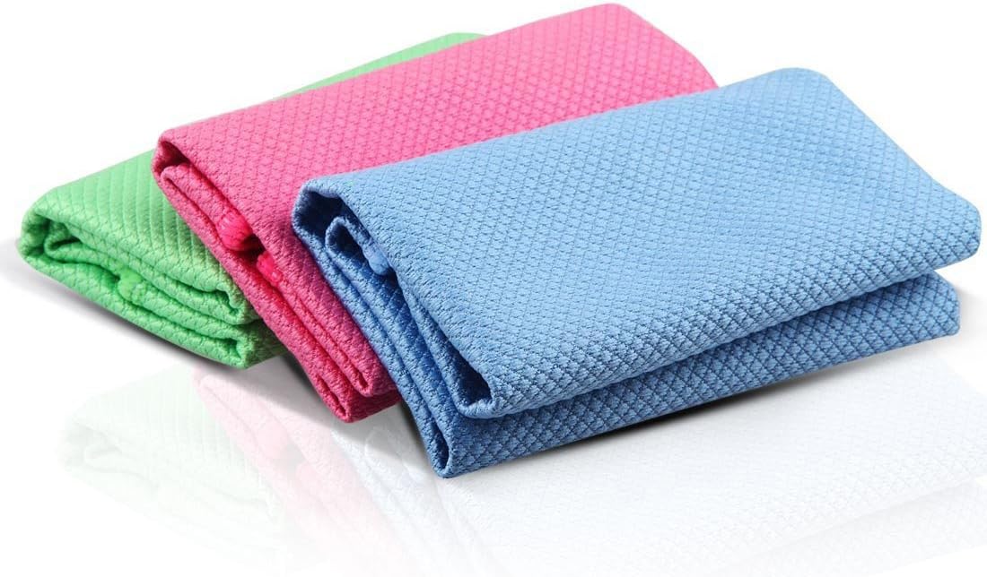 SUSEA 3 Pack Double-sided Durable and Reusable Microfiber Cleaning Dust Cloths Wipes for Stainless Steel Appliance, Glasses, Smartphones - Streak, Scratch and Lint Free (Rose Red, Blue and Green)
