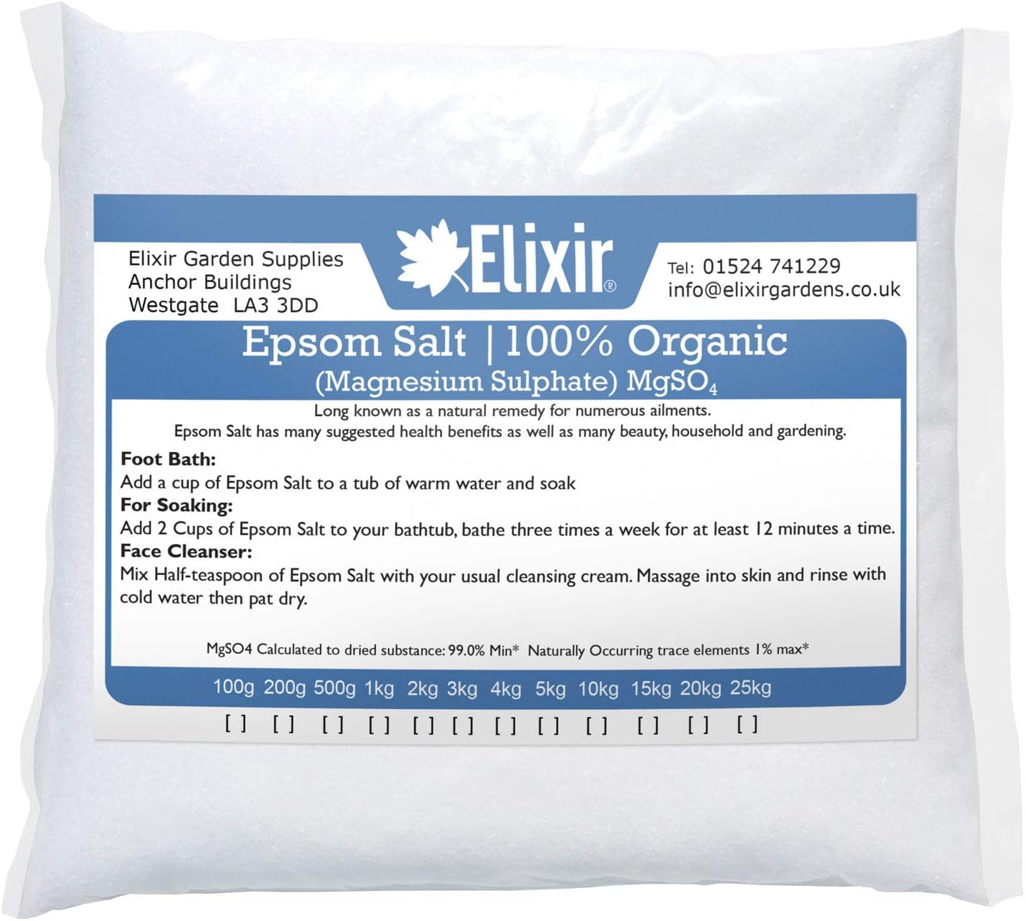 Elixir GardensNatural Medical Organic FCC Food Grade Epsom Salts - Great for Baths! | Available in Qty from 500g to 25kg | (15kg)