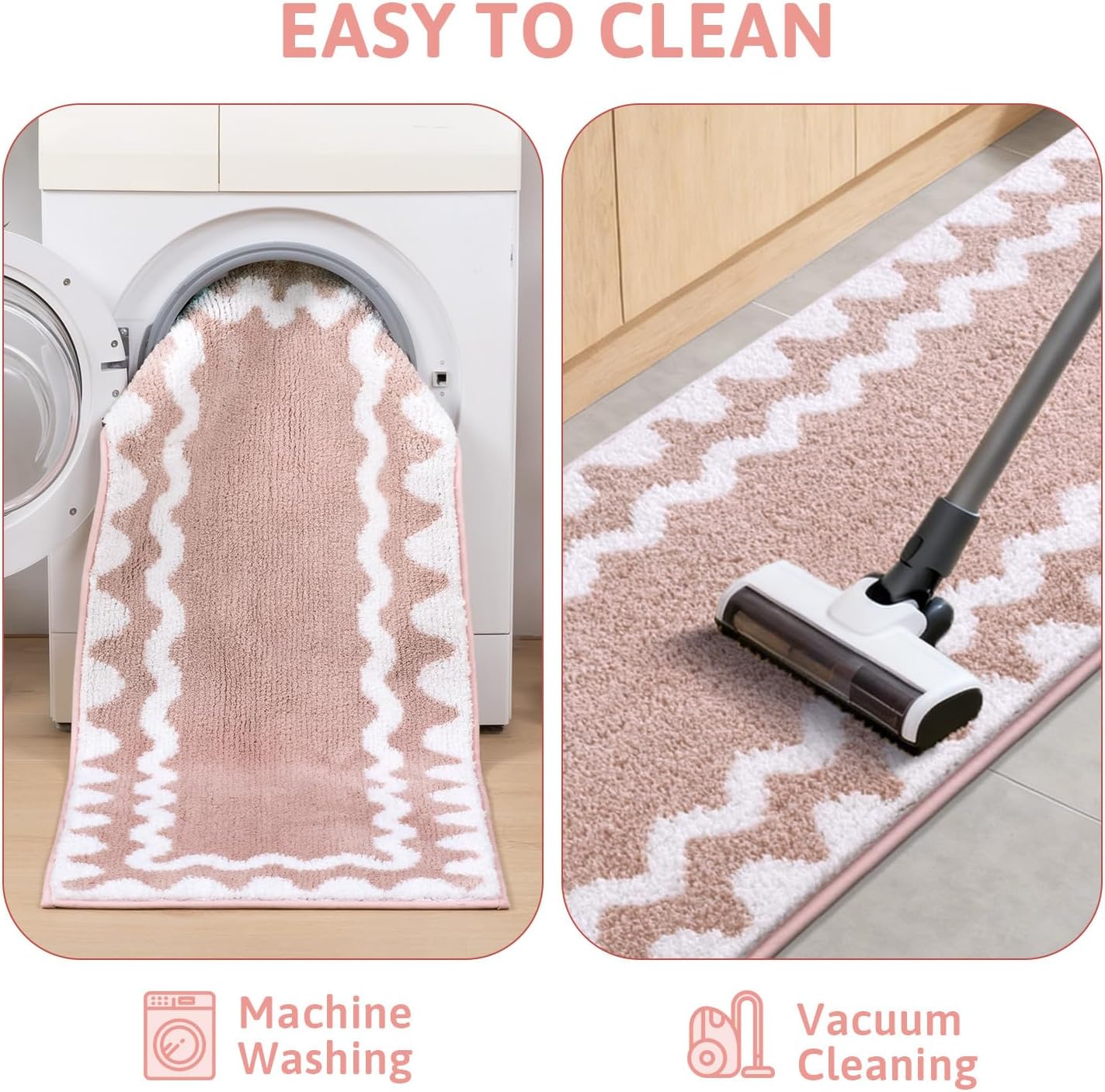 Findosom Bathroom Rugs Sets 5 Piece, Absorbent Soft Non-Slip Washable Microfiber Shaggy Bath Mat Set with Bathroom Runner Rug, U-Shaped Toilet Rugs, Shower Rug & Toilet Lid Cover, Pink-White - Image 6