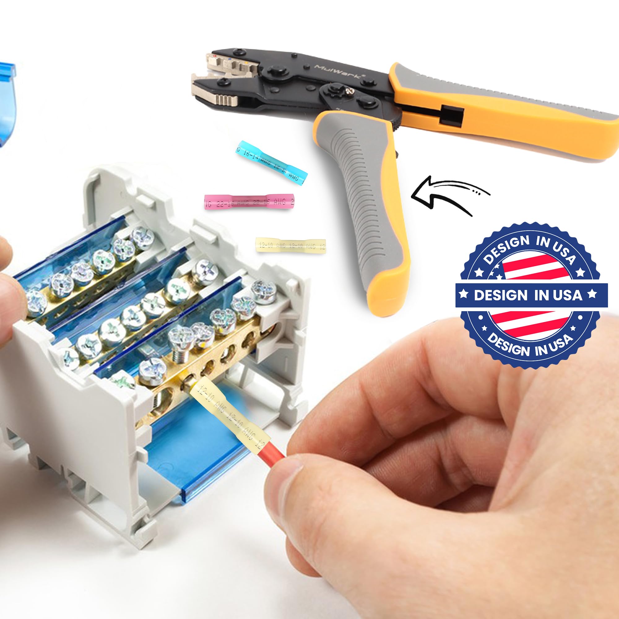 Mulwark Pince à sertir professionnelle à cliquet pour connecteurs thermorétractables, bornes électriques, câblage automobile, outil de sertissage pour bricolage