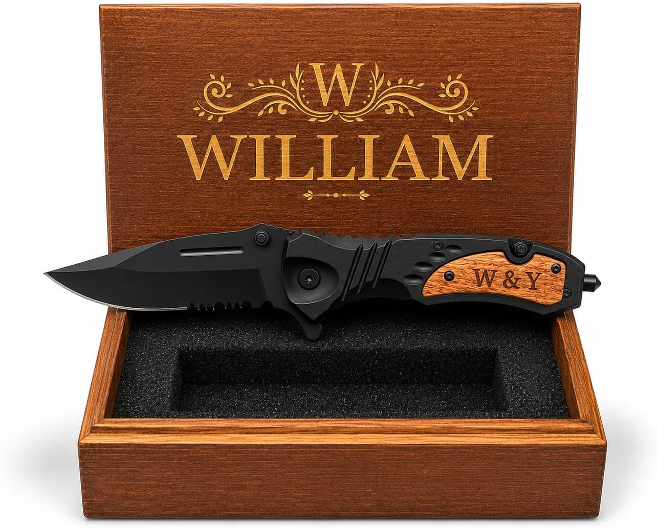 Custom Engraved Pocket Knife for Men, Personalized Folding Knife with Wood Handle, 3.5 Inch Stainless Steel Blade, Gift for Husband, Dad, Groomsman, Camping, Hunting & Everyday Use (Black)