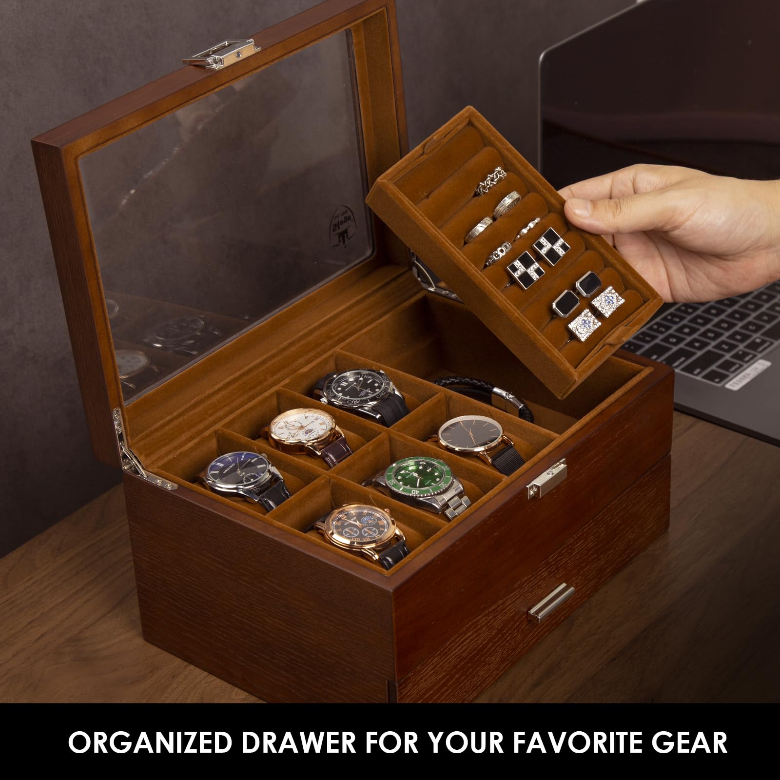 Slege Uhrenbox aus Holz mit 6 Fächer,Uhrenkasten Glasdeckel,2 Ebenen,Uhrenetui für Herren,Uhrenaufbewahrung für Uhren,Schmuck Box,Uhrenbox-Organizer für Damen und Herren,für Ringe (Braun)