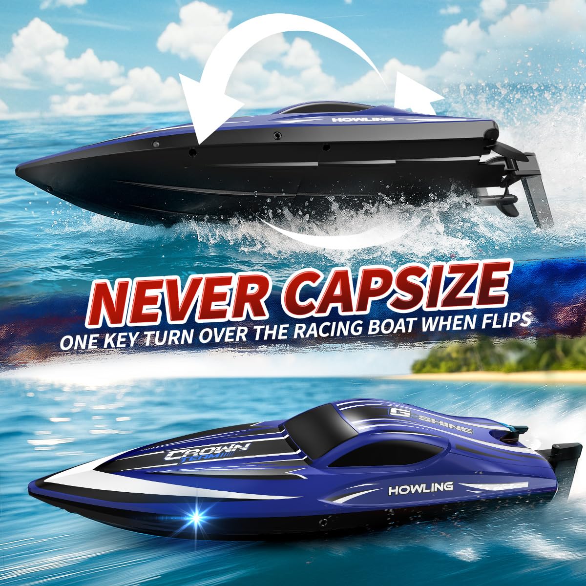 Barco teledirigido RC 35 km/h,barco de control remoto rápido e impermeable 2.4GHz,LED, Función de volteo,alarma de batería y alcance,2 baterías ,para niños y adultos, piscina y lago,Regalos divertidos
