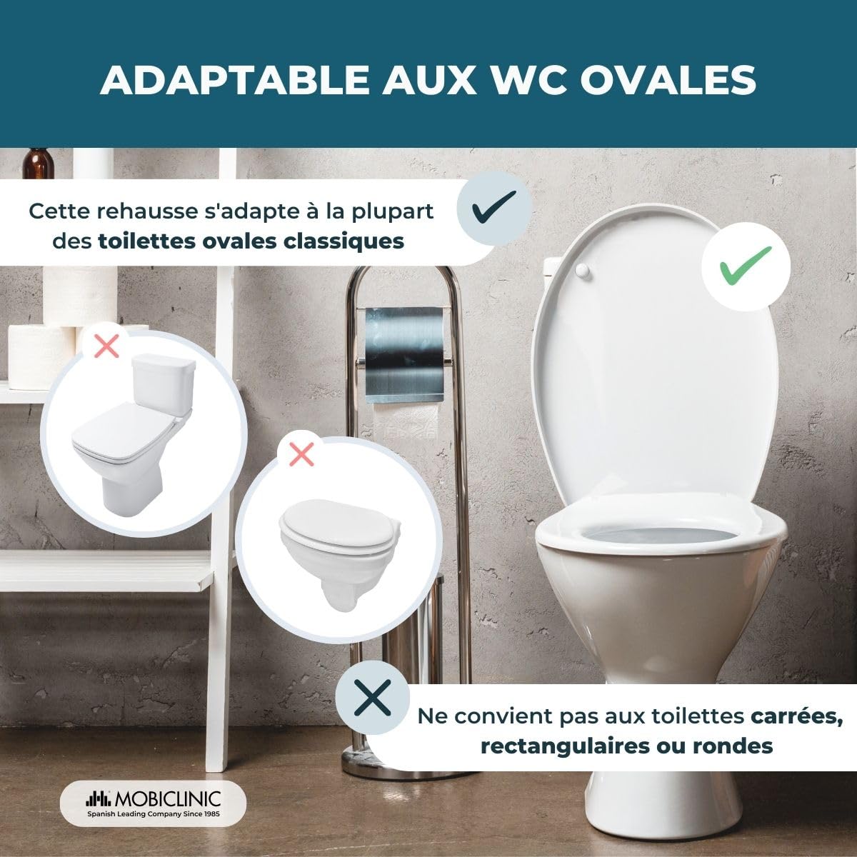 Mobiclinic, Rehausseur wc adulte, Mod. río, Marque européenne, Toilettes pour adultes, Souple, Hauteur 11 cm, Système de fixation latérale, Siège surélevé, Bleu