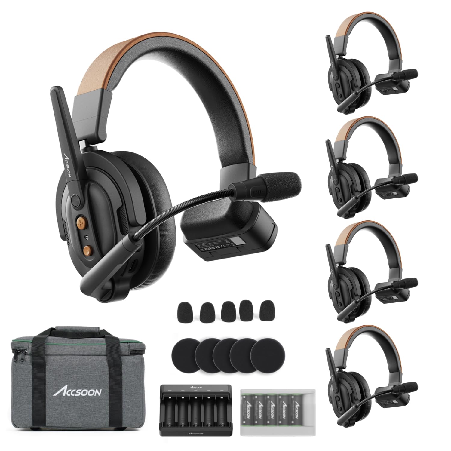 Accsoon Como SE Wireless Intercom Headset System, comunicazione full duplex a 2,4 GHz, portata 1312ft/400 m, antenna esterna, ENC, durata della batteria 30+ ore, 1 PC Host headset e 4 PC Remote