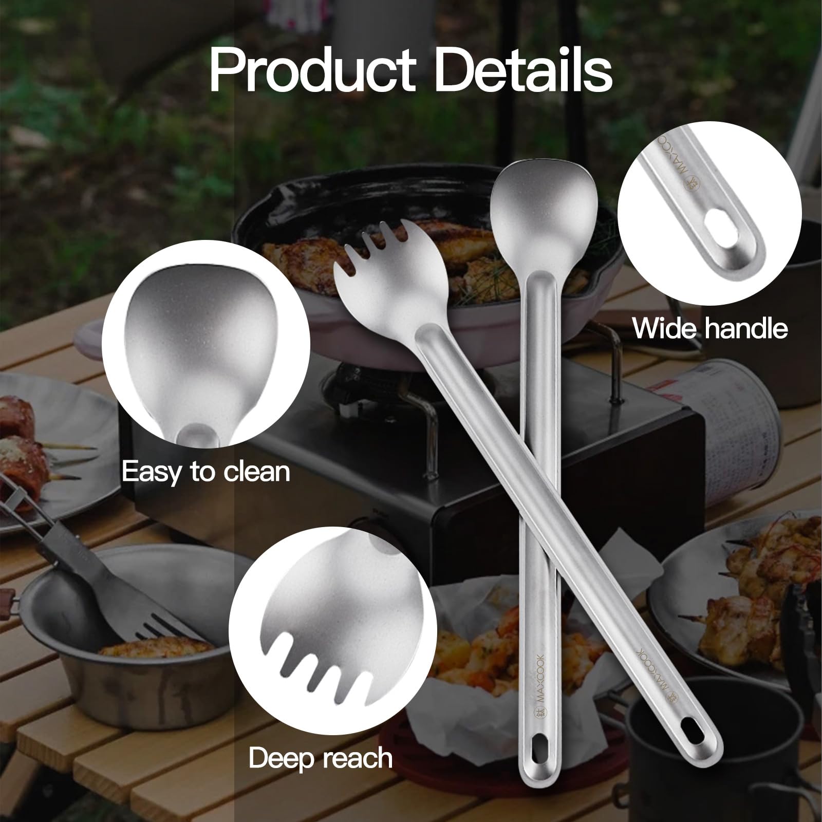 Titanium Spork, 2 sztuki tytanowych łyżek z długim uchwytem, sztućce outdoorowe, wielofunkcyjne łyżki na kemping, wędrówki i przygody na świeżym powietrzu