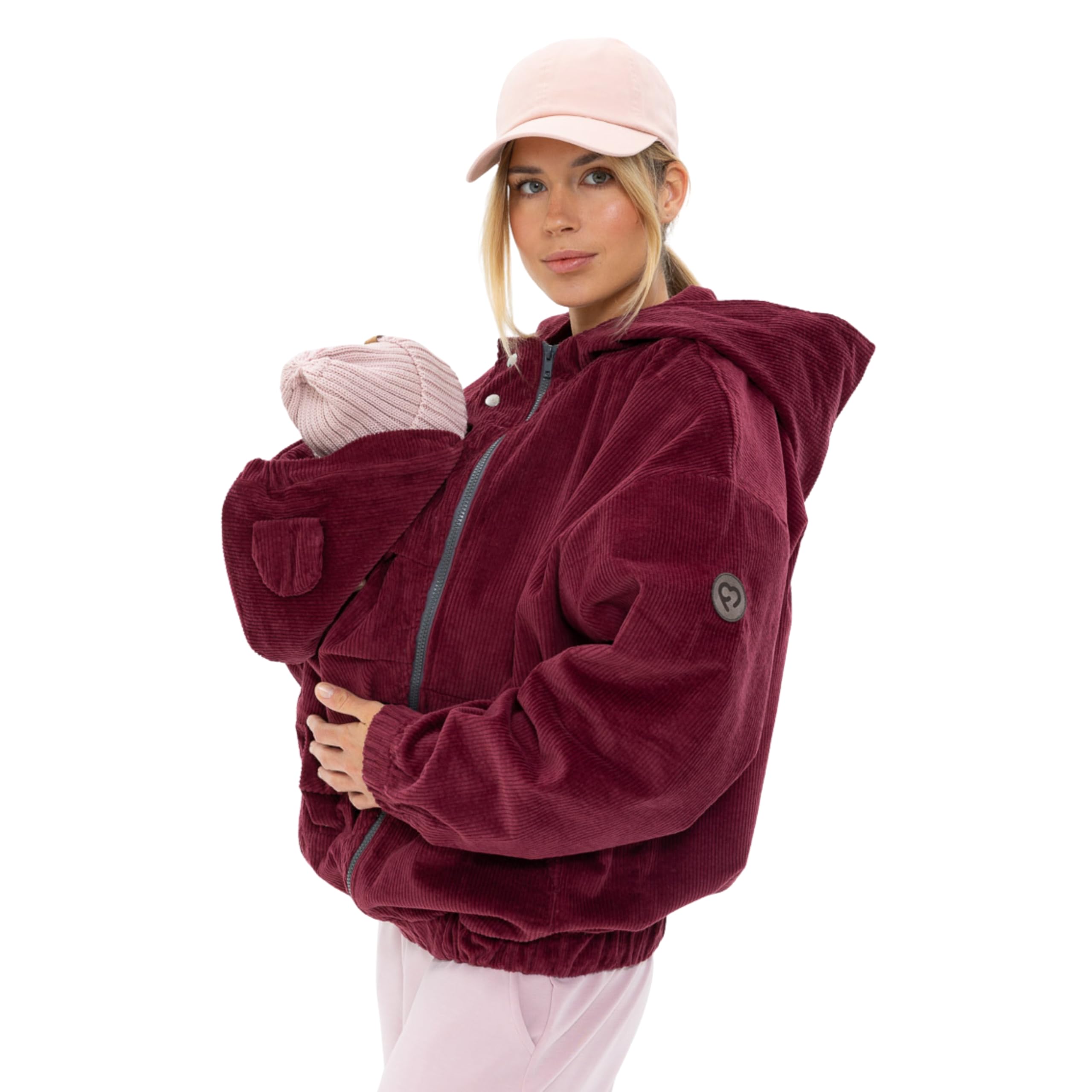 fun2bemum Cordjacke 3 in 1 Tragejacke Baby Umstandsjacke Oversize Herbstjacke für Mama mit Babytrage aus Baumwolle mit Einsatz (Standard, Cherry)