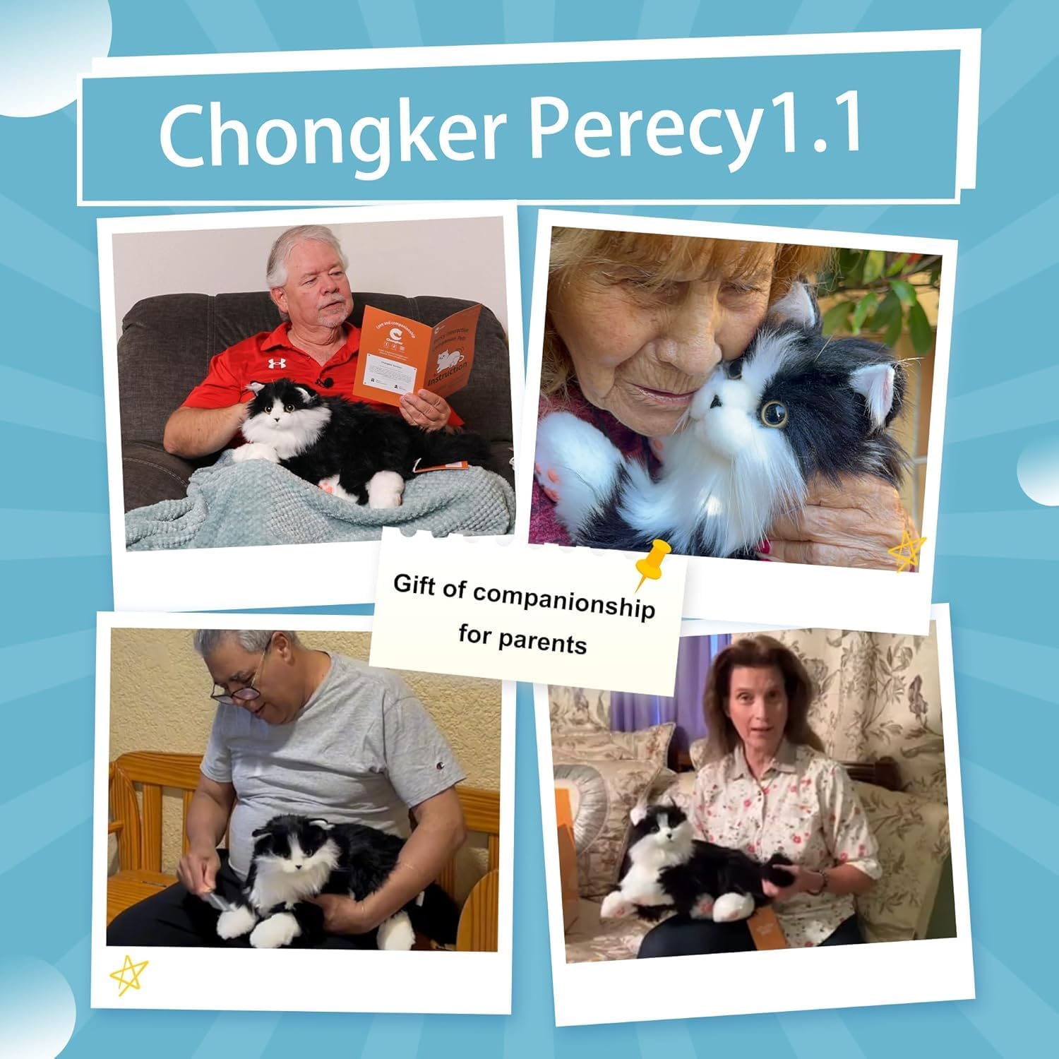 Chongker Interactive Companion Robot Cat Pets, Handmade Stuffed Animals Cat Plush with Voice Response, Realistic Heartbeat and Purring, Gifts for Parents, Seniors, Elderly（Black cat）