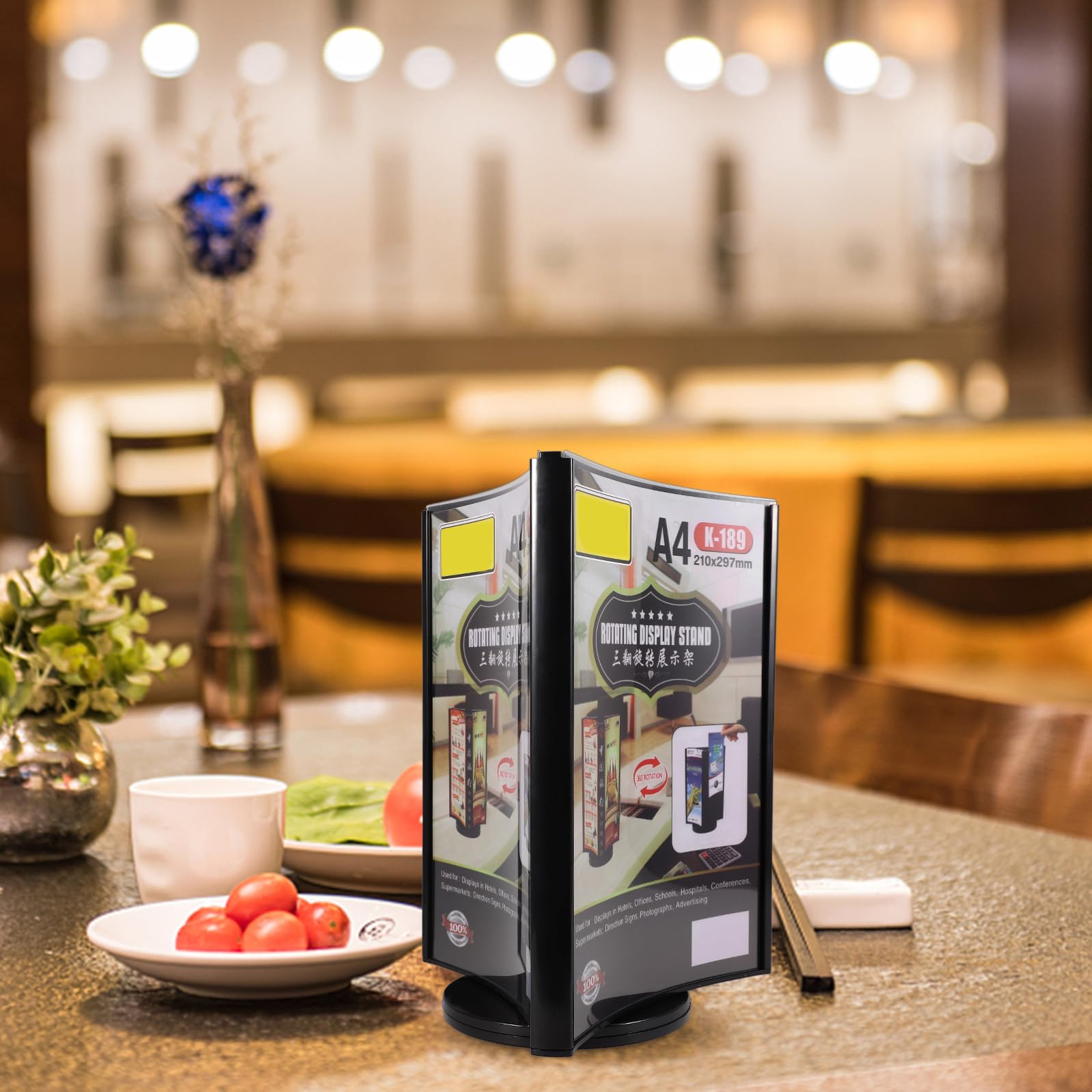 Porta Menú de Tres Caras de Acrílico Negro con Soporte Giratorio Fácil de Usar con Exhibición Vertical para Restaurantes y Bodas