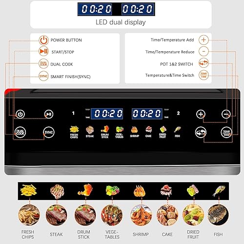 Miniatura 3 de Freidora de aire de doble cesta de 9.5 cuartos de galón, freidora digital grande de doble zona, 2 cajones, preajustes de cocción 8 en 1, con acabado