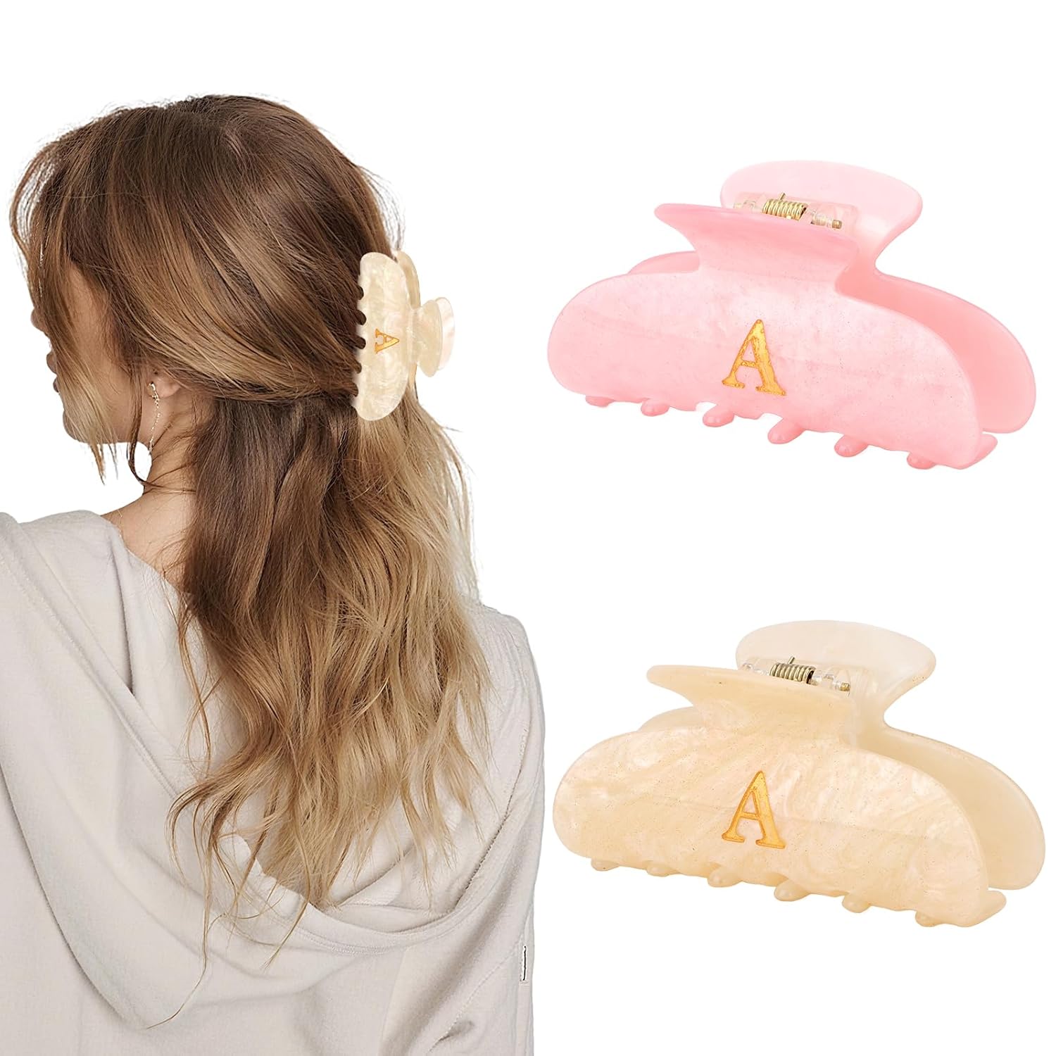 2 Pack Hair Claw Clips for Women Acrylic Claw Clips with Glitter Letter A Cute Hair Accessories for Thin or Thick Hair Bridesmaid Gifts for Wedding Day(Beige & Pink)