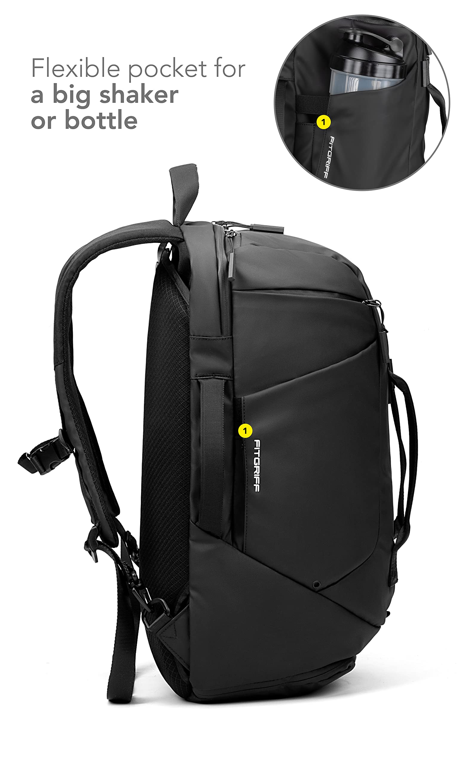 Fitgriff® Sporttasche mit Rucksackfunktion - Rucksack mit Schuhfach & Laptopfach - für Herren und Damen - für Sport, Fitness & Reisen - Trainingstasche, Gym Bag Backpack, Schwarz (25L) (Black, Medium)