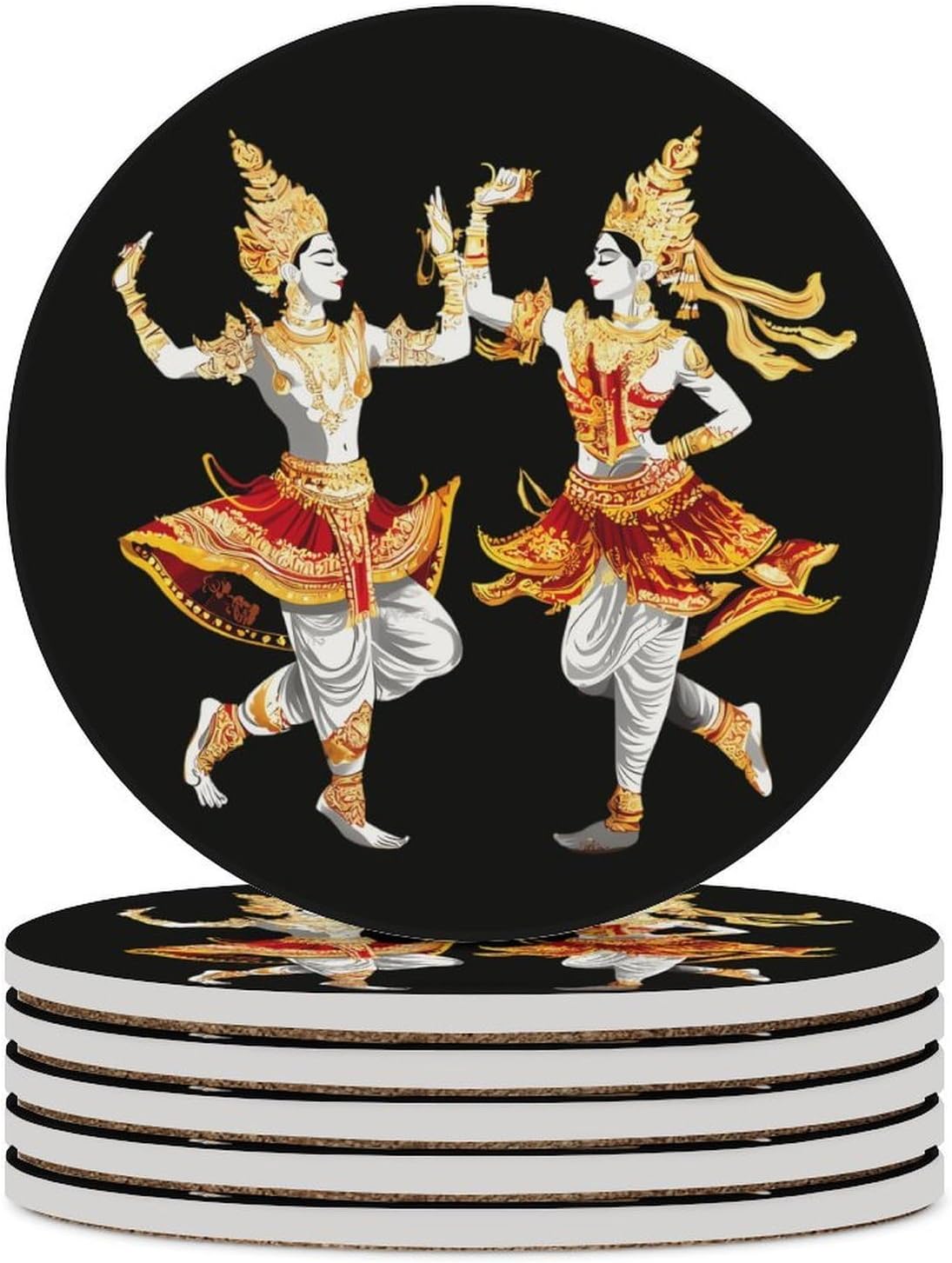 Traditional Thai Dance Funny Round Ceramic Coasters for Drink Absorbent Cup Holders Tabletop Protection