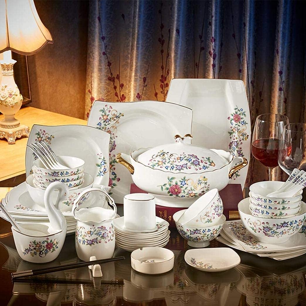 Partygeschirr-Set, widerstandsfähiges Tafelservice, 50-teiliges Keramik-Geschirr-Set, buntes Blumenmuster, Teller, Schüsseln, Kombination aus Knochenporzellan