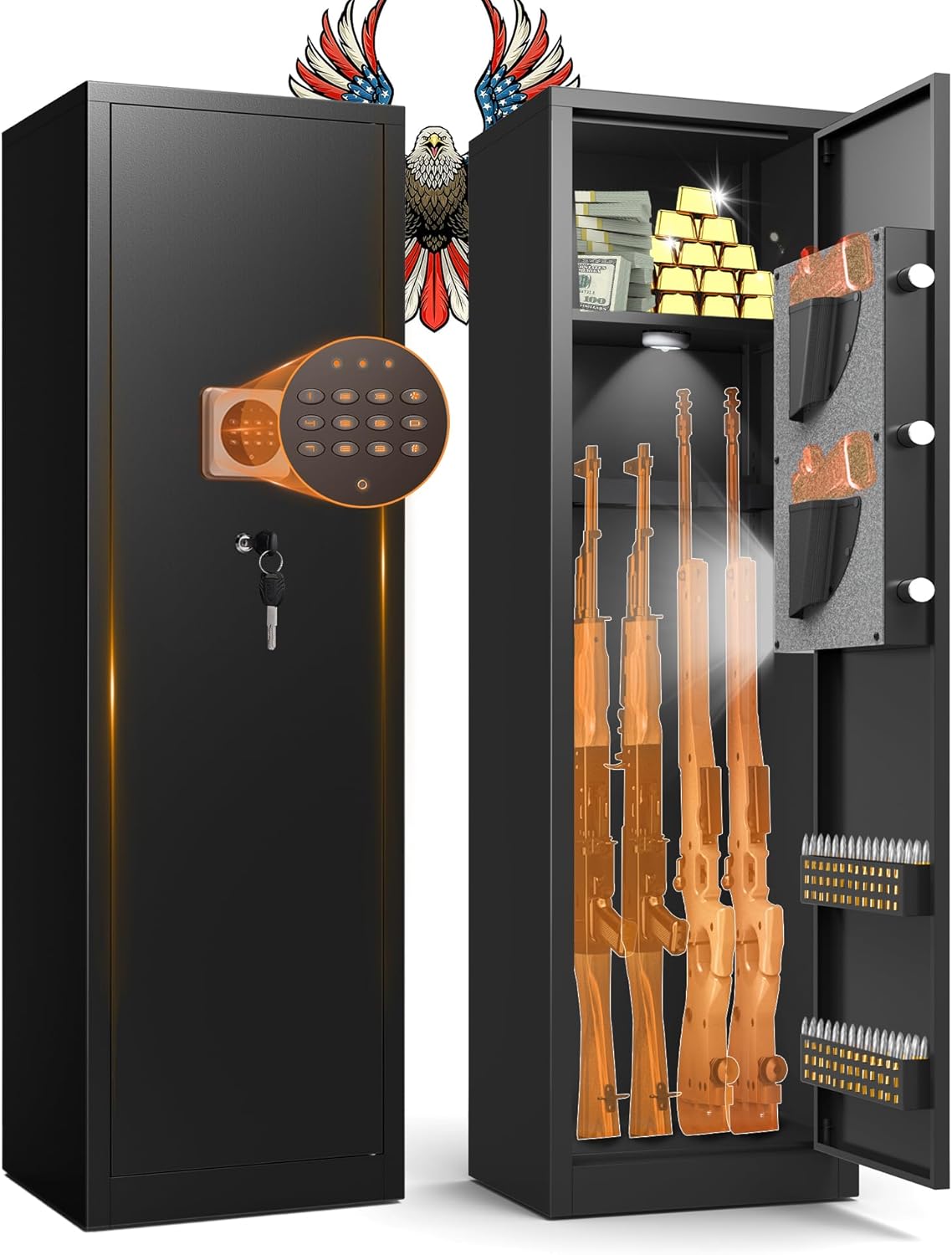 Fingerprint Gun Safe for Rifles and Pistols, No Assembly 8-10 Gun Cabinet, Dual Alarm Biometric Rifle Safes for Home, Quick Access Long Shotgun Safe
