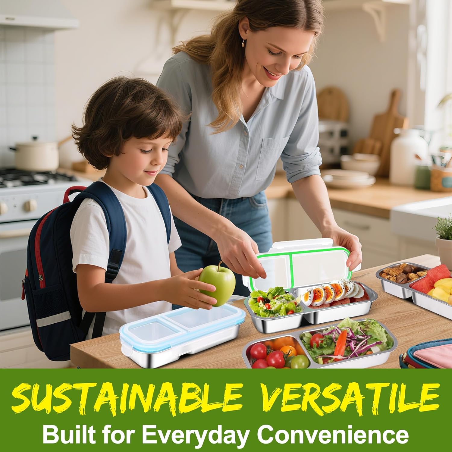 2 Pack Stainless Steel Snack Containers with Lids - Reusable 2 Compartment Snackle Box Container Divide Wet Dry Leakproof Metal Food Storage Containers for School, Home, Travel (Blue + Green) - Image 7