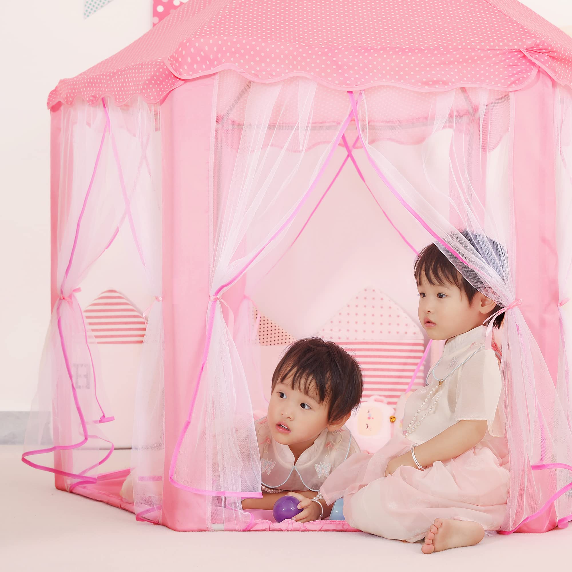 Tienda de campaña hexagonal de princesa | Incluye luces de estrella y estuche de transporte, casa de juegos grande para niños y niñas, niños pequeños, 55 pulgadas de profundidad x 55 4