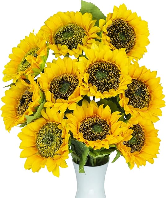 HAQIULINE 10PCS 20'' Artificial Sunflower Flowers - Long Stem Silk Fake Sunflowers for Home Table Centerpieces Arrangement Wedding DIY Decoration