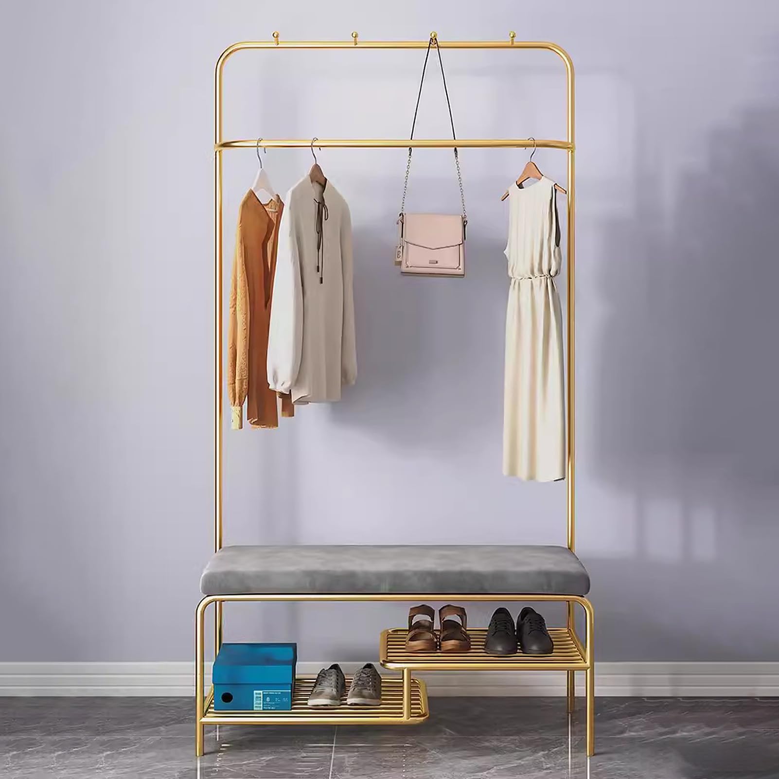 Panca da Ingresso con Appendiabiti e portascarpe,Appendiabiti da Ingresso Stretto con Panca per Scarpe,Appendiabiti in Metallo con Gancio per Appendere,Panca Multiuso per riporre Scarpe per Corri