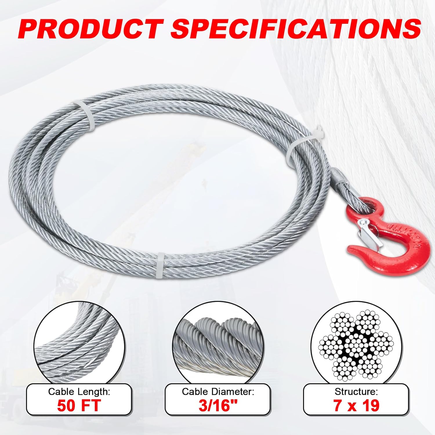 Galvanized Steel Core Winch Cable, 3/16 Inch x 50 Feet Tow Winch Cable with Safty Hook, 7 x 19 Strand Core Wire Winch Rope, 8125 Lbs Breaking Strength, Fit for SUV, Off-Road Vehicle, Truck