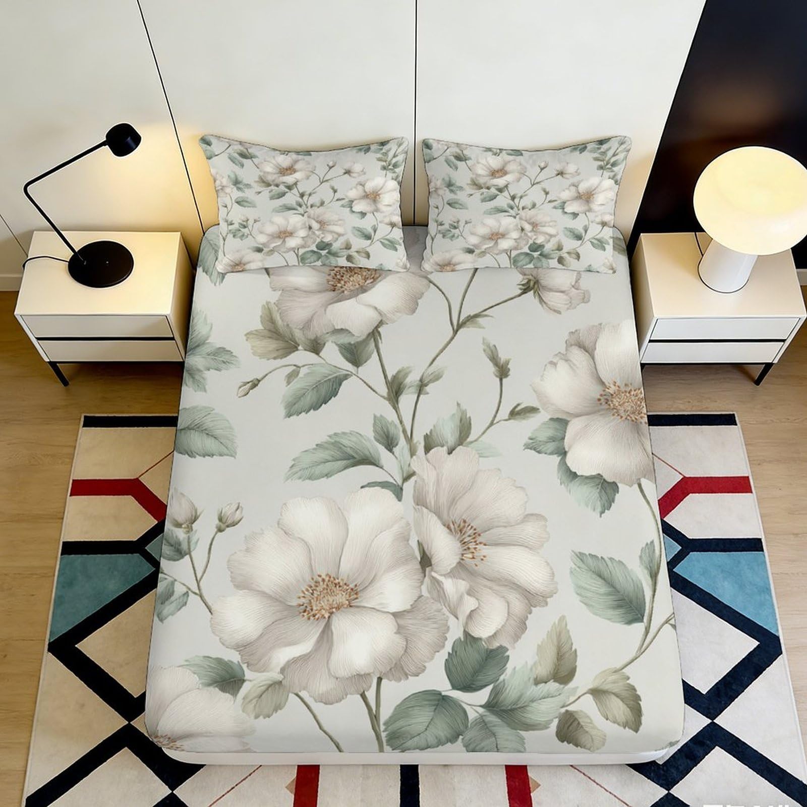 3D Printed White Magnolia Fitted Sheet Microfiber Soft Floral Mattress Cover for Bedroom Guest Room Decor Dustproof Washable 90x200x25cm