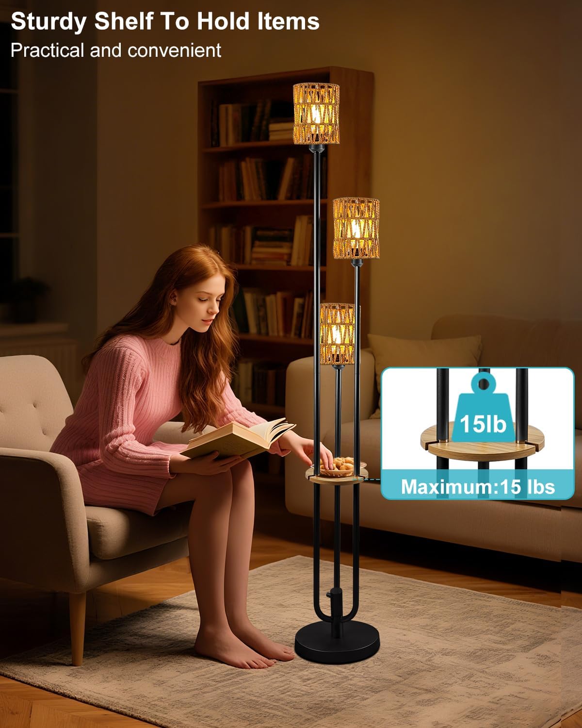 Lightdot Dimmable Boho Floor Lamps for Living Room, 3-Lights Rattan Floor Lamp with Shelves, 3000K Farmhouse Floor Lamp, Rustic Black Standing Lamp with Bulbs Included/Sofa Beside/Corner Decor