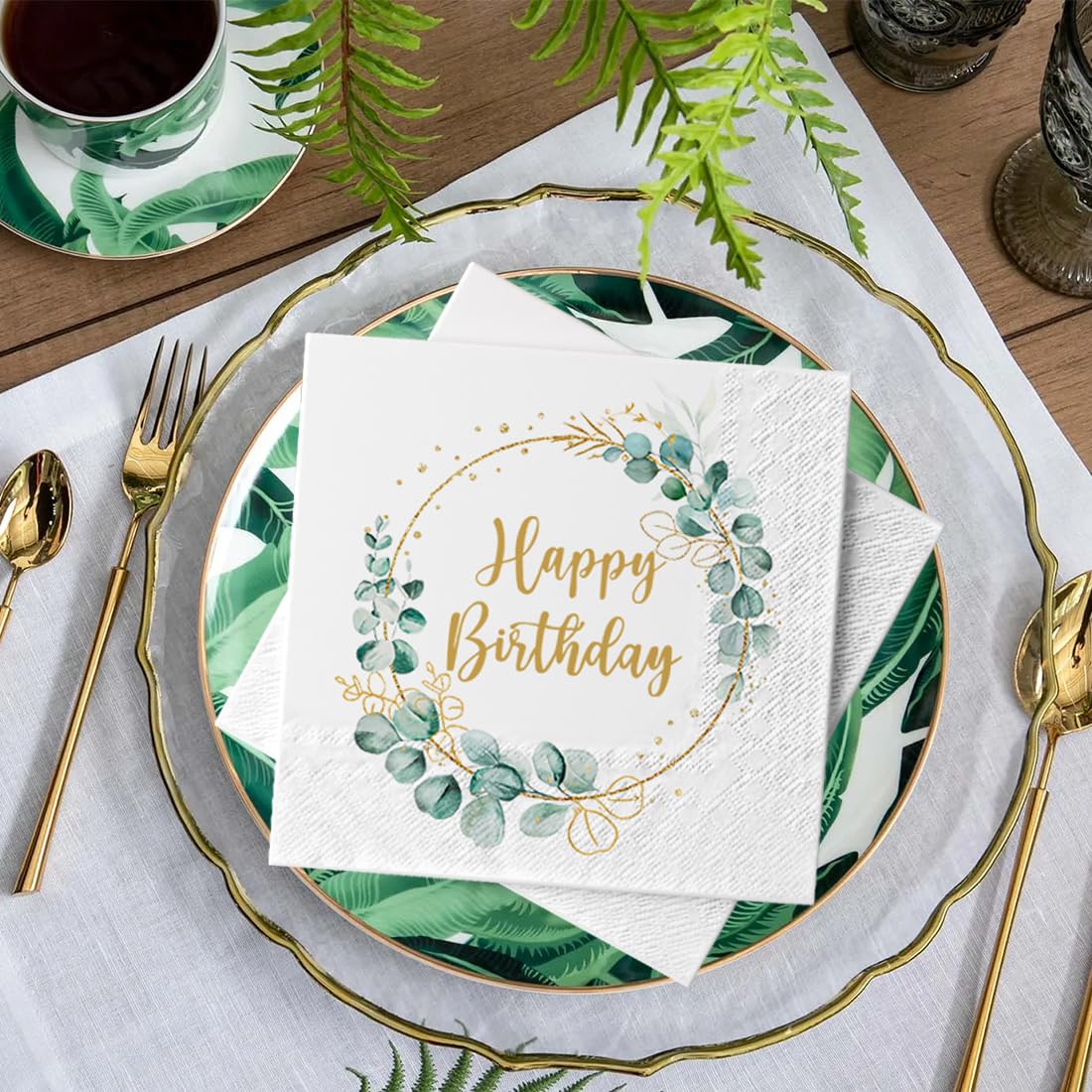 Tovaglioli Happy Birthday Dorati Tovaglioli Di Carta Per Compleanno - Confezione Da 50 Pezzi, Motivo Eucalipto E Scritta Dorata, 33x33 Cm, Per Decorazione Tavola Tovaglioli Carta Happy Birthday