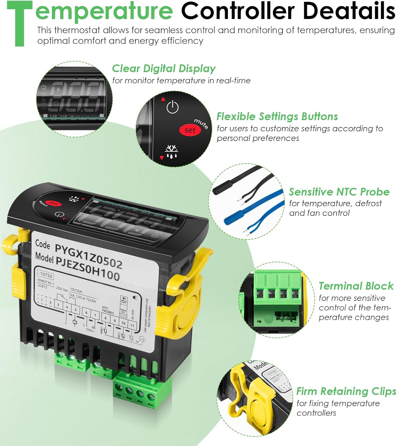 PJEZS0H100 Temperature Controller Fit for Carel and All Refrigerator Types, 115V Digital Thermostat Controller with 2 NTC Temperature Sensor Probes
