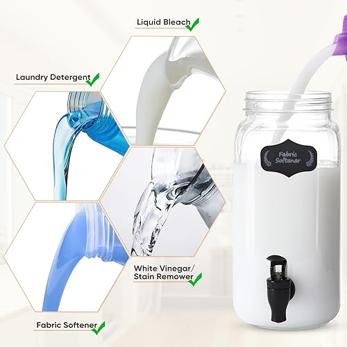 Miniatura 7 de GADFISH Dispensador de detergente líquido para ropa sucia, tres tarros de vidrio para detergente líquido, blanqueador, suavizante de tela,