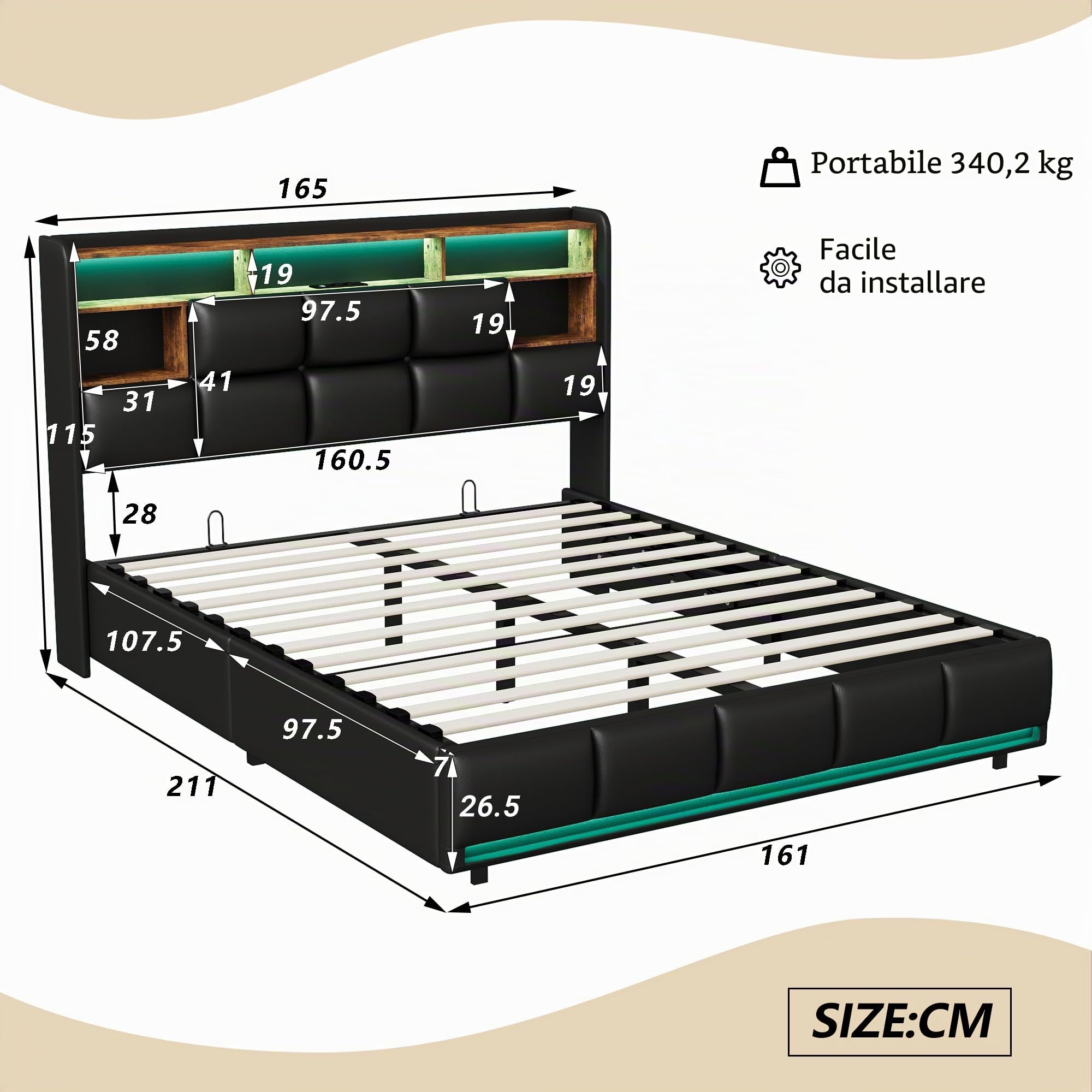 LIVLUX Letto imbottito 160x200 cm con Contenitore idraulico, letto matrimoniale con illuminazione a LED e presa USB, testiera con vano portaoggetti, Letti Contenitore con rete a doghe, PU